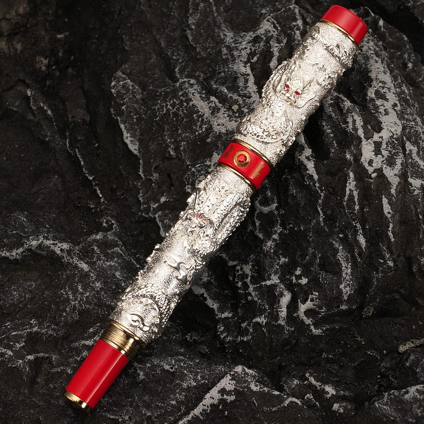 Silver Jinhao Vintage Luxury Dragon Fountain Pen Playing Pearl, Fine Nib 0.5mm Red Ring Metal Carving Embossed Heavy Pen