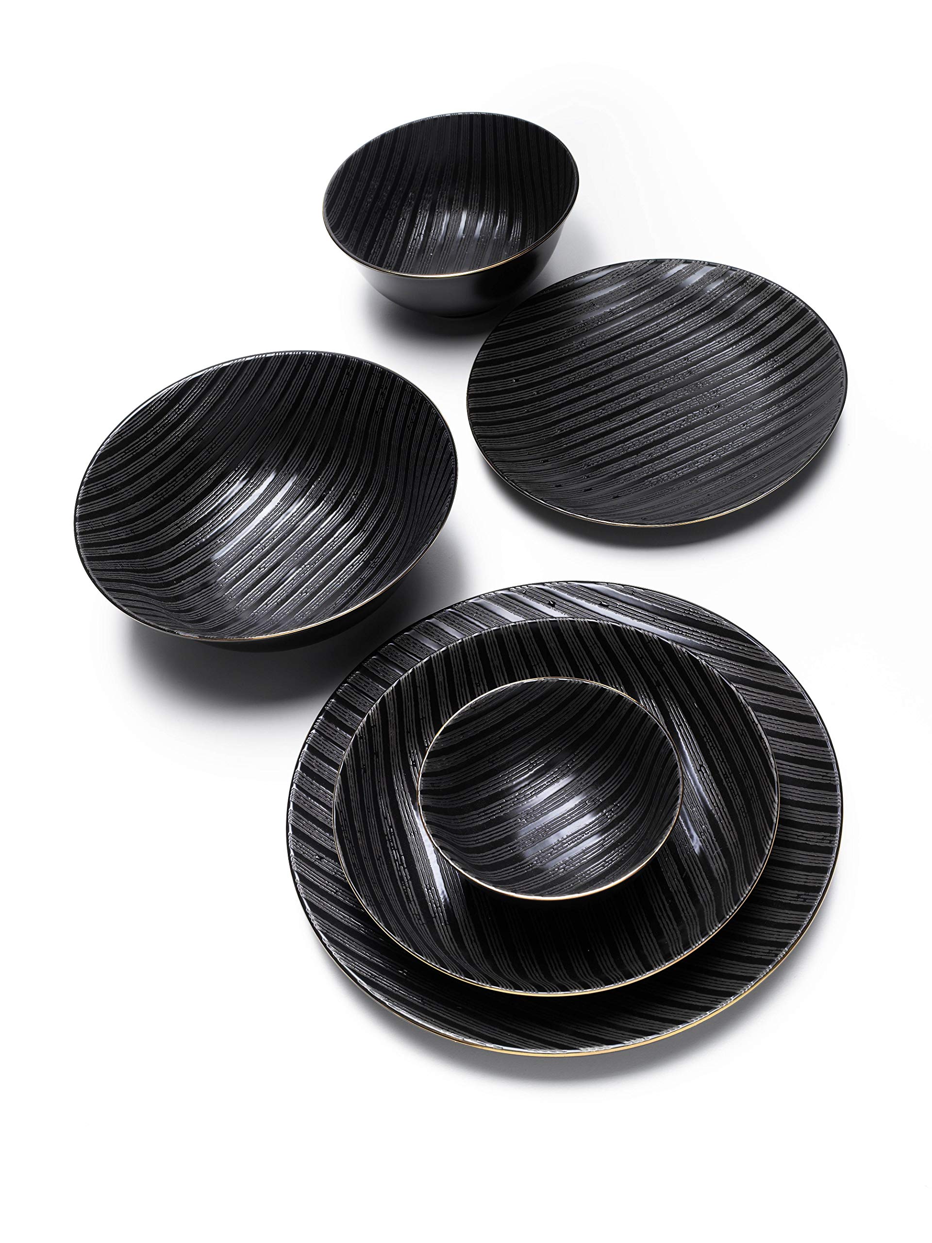 Zafferano Black Stone - Porzellan Schale Medium Size, Durchmesser 152 mm, Farbe Schwarz/Goldrand, spülmaschinenfest - Set 6-teilig
