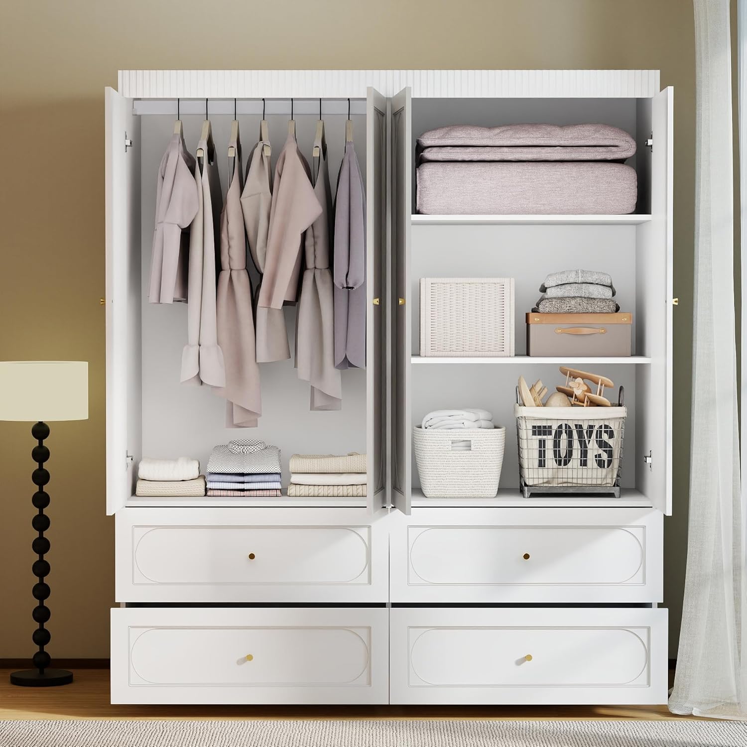 White Wardrobe Closet with Drawers: 74" Large Armoire with 4 Doors and 4 Drawers, Tall Wooden Wardrobe Closet for Hanging Clothes, Modern Bedroom Armoires Closets Cabinet (White)