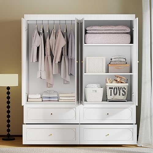 Miniatura 3 de Armario con cajones: Armario grande de 74 "con 4 puertas y 4 cajones, armario alto de madera para colgar ropa, Armarios modernos para dormitorio