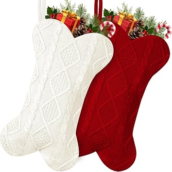 GOYOSWA 2 Pack Dog Christmas Stocking, 18 Inch Large Double Side Knitted Christmas Stocking for Dogs, Bone Shaped Hanging Dog Stockings for Dogs Pets (White & Red)