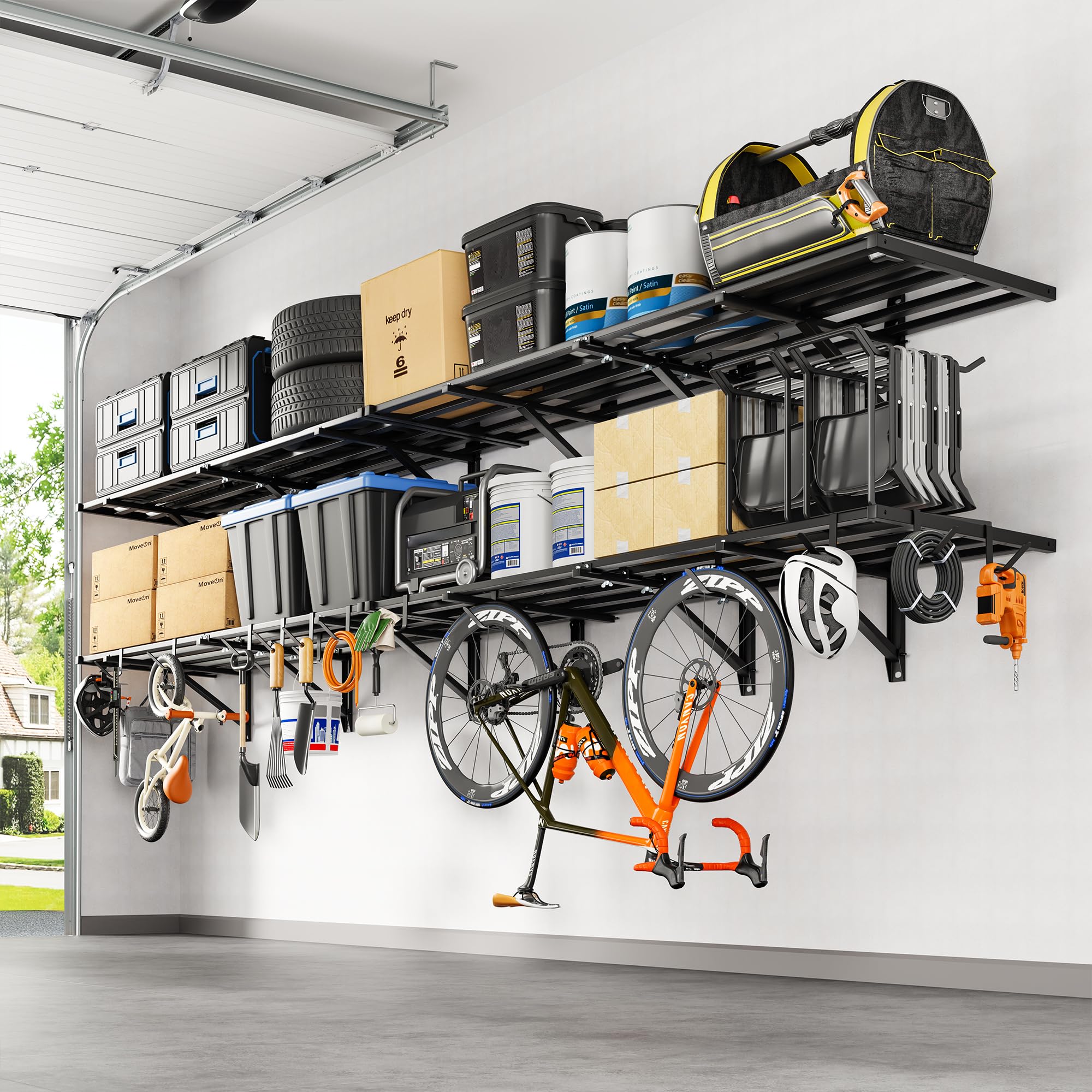 FLEXIMOUNTS 4-Pack 2x6ft Heavy Duty Garage Wall Shelving, 1200lbs Capacity, Garage Shelving Wall Mounted with 8 Hooks, Storage for Power Tools, Garden