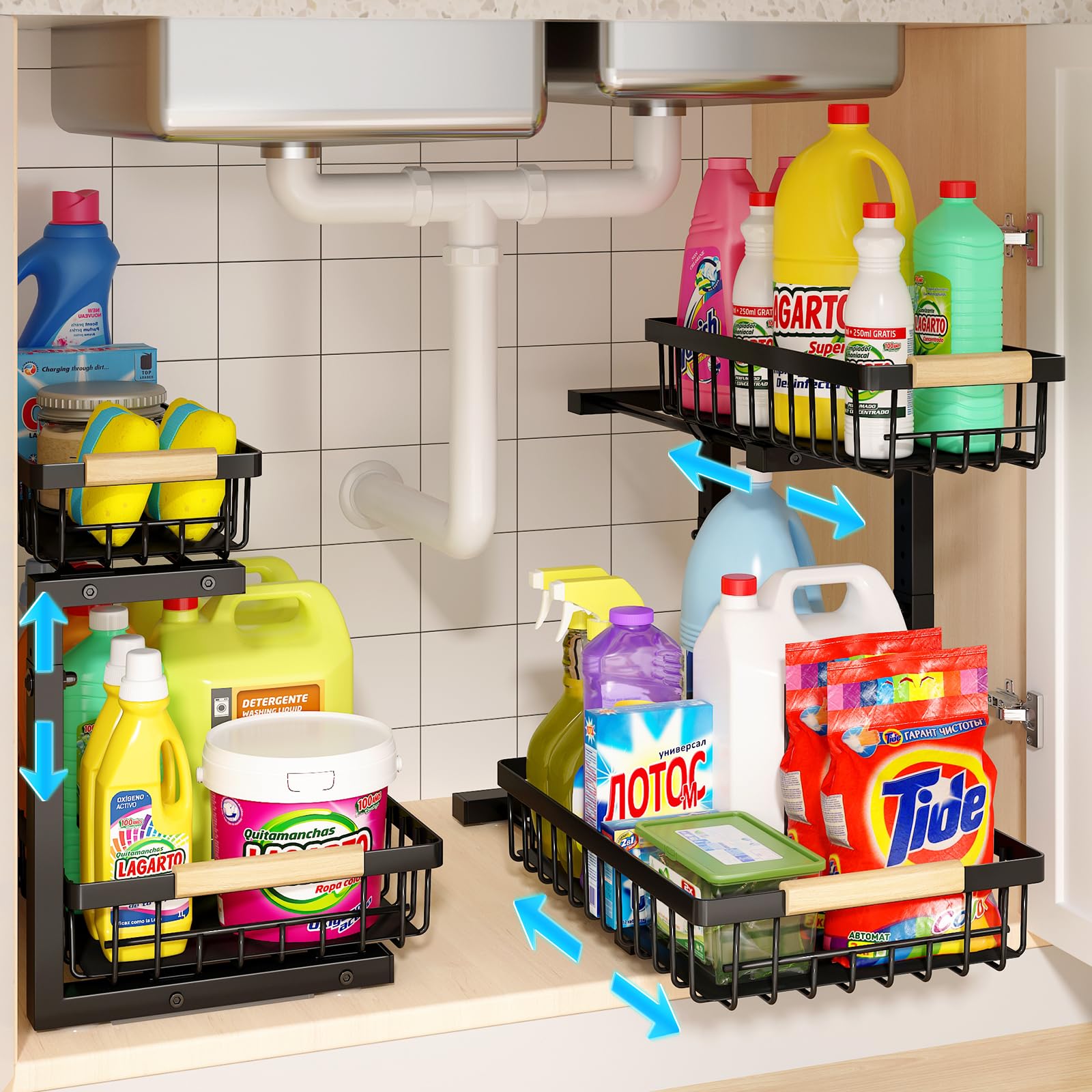 REALINN Organizador para debajo del fregadero, paquete de 2 organizadores y almacenamiento ajustables en altura para debajo del fregadero, organizador de gabinete extraíble de 2 niveles para cocina y