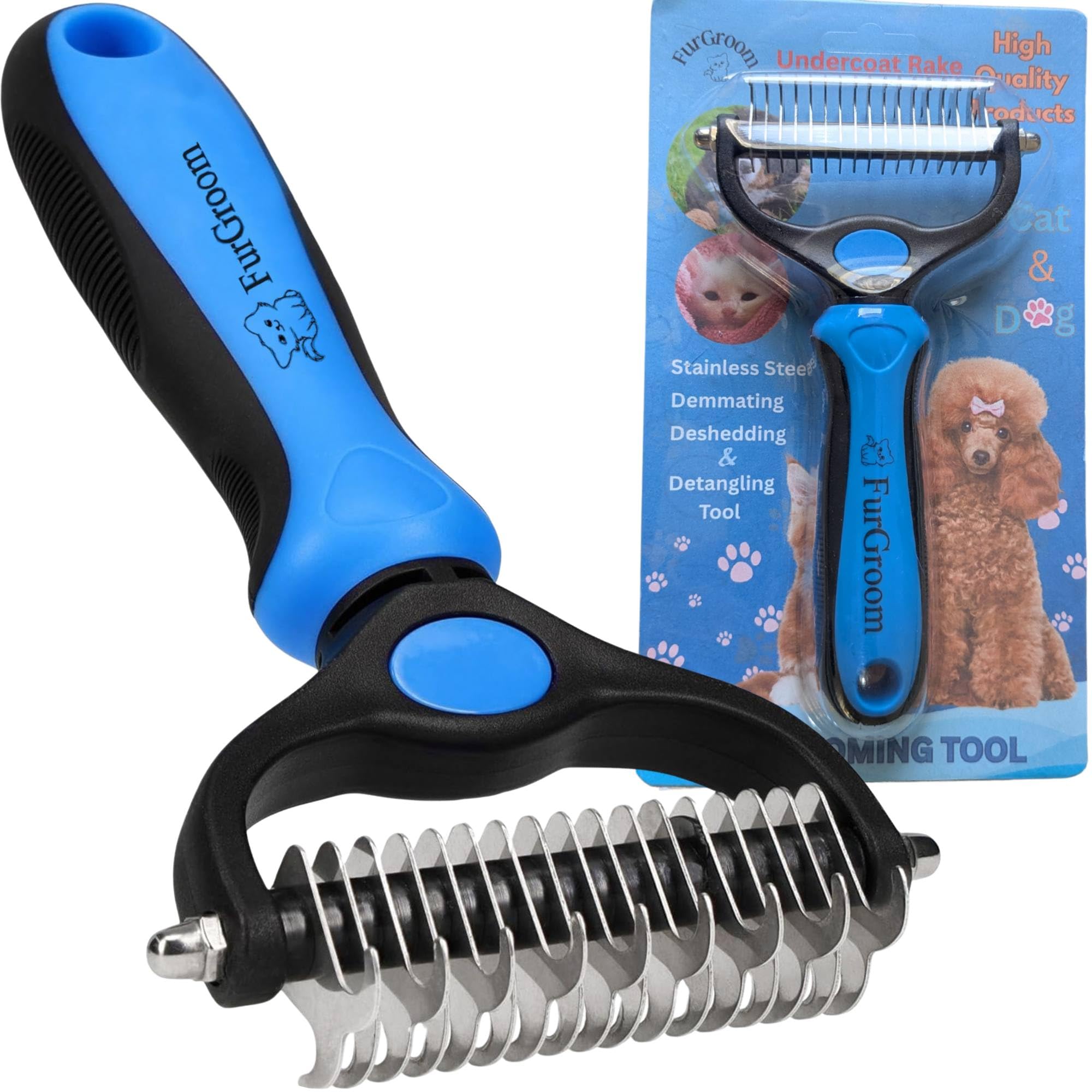 FurGroom Undercoat Rake Dog Cat Reduce Shedding by 95%- Double Sided Grooming and Deshedding Tool Removes Knots and Tangled Hair,Grooming Brushes for Dog,Cat,Horse- Undercoat Brush Cat, Dematting Comb