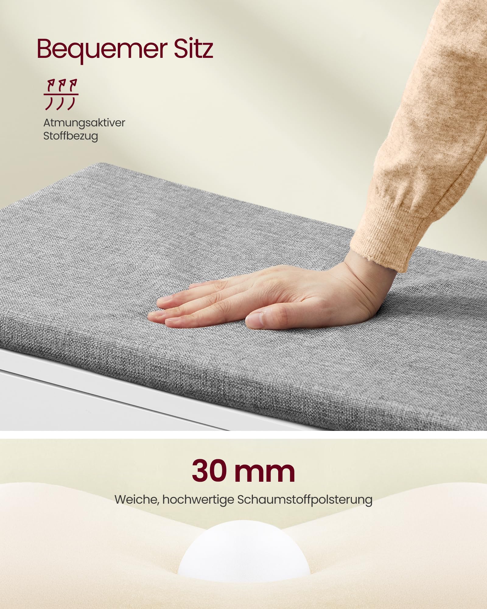 VASAGLE Schuhbank, 3 Ebenen, Sitzbank mit Stauraum, Türen und Sitzkissen, Schuhregal mit höhenverstellbaren Ablagen, 35,5 x 101 x 52,5 cm, für Flur Schlafzimmer, wolkenweiß-Taubengrau LSB044W01
