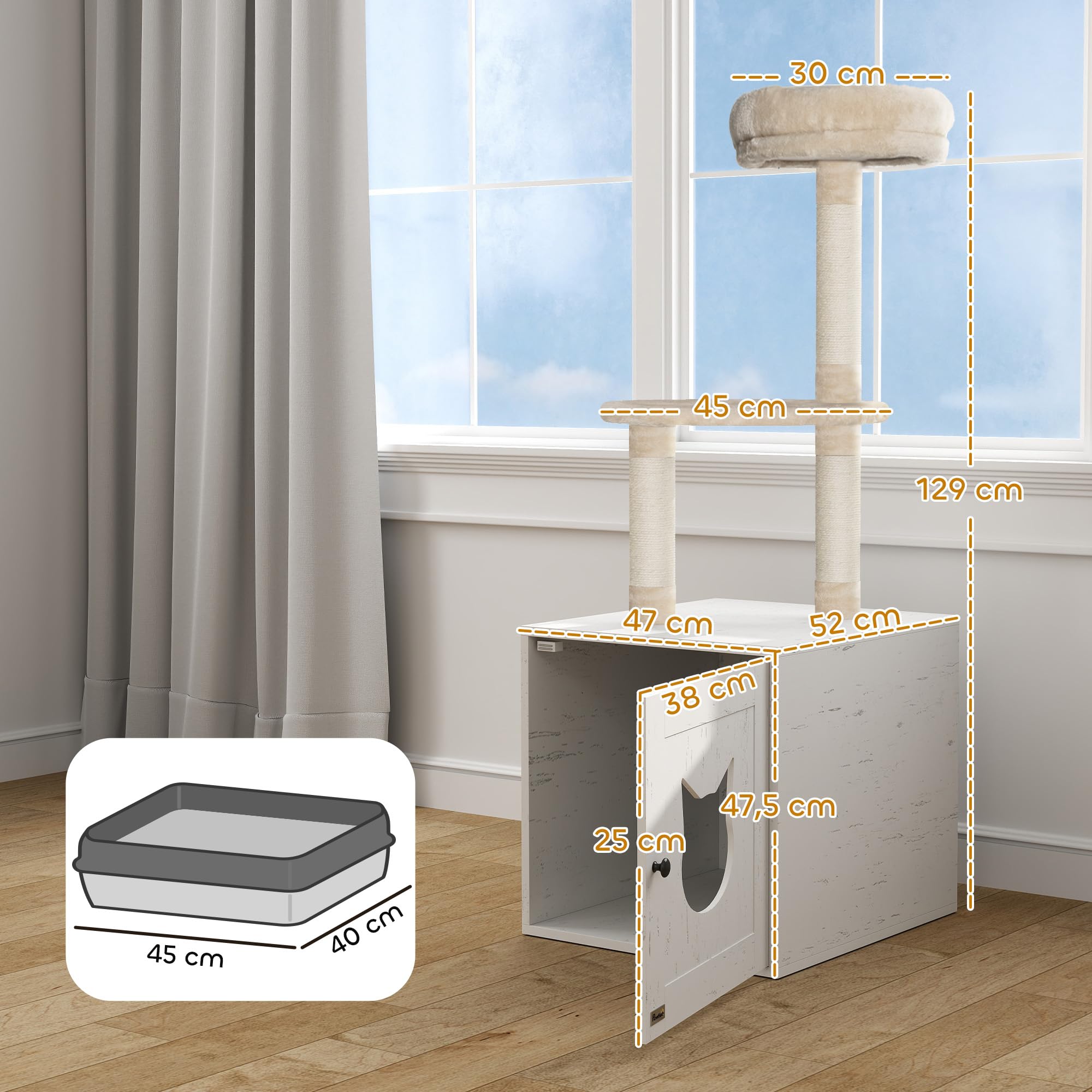 PawHut Tiragraffi per Gatti con casa di Servizi igienici, Torre di Gioco 2 in 1, Cuccia per Gatti da 129 cm con coprilettiera, Pali da graffiare, Piattaforma, Letto, Crema