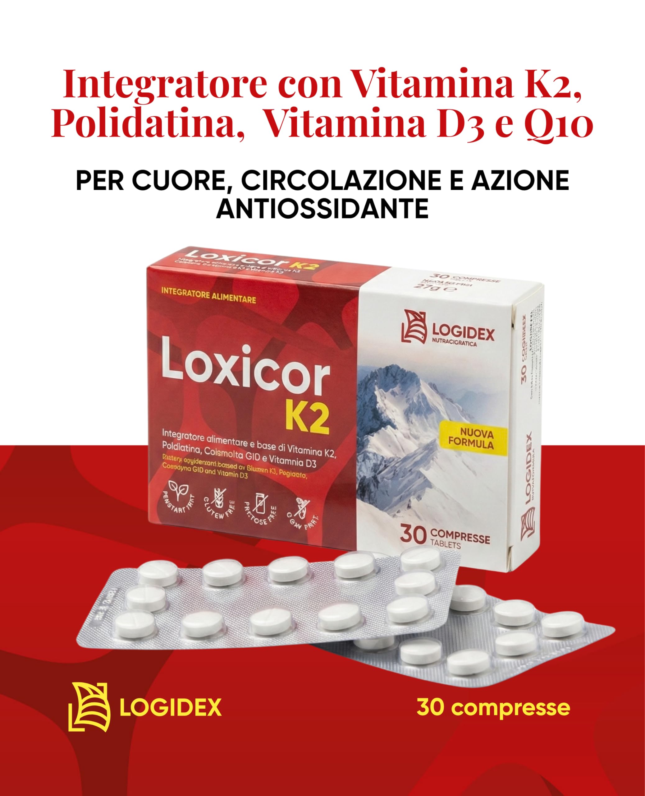 Loxicor K2 - Integratore Vitamina K con Polidatina Antiossidante (100mg), Vitamina D3 e Coenzima Q10 | Formula Avanzata per Cuore e Circolazione | 30 Compresse - Logidex