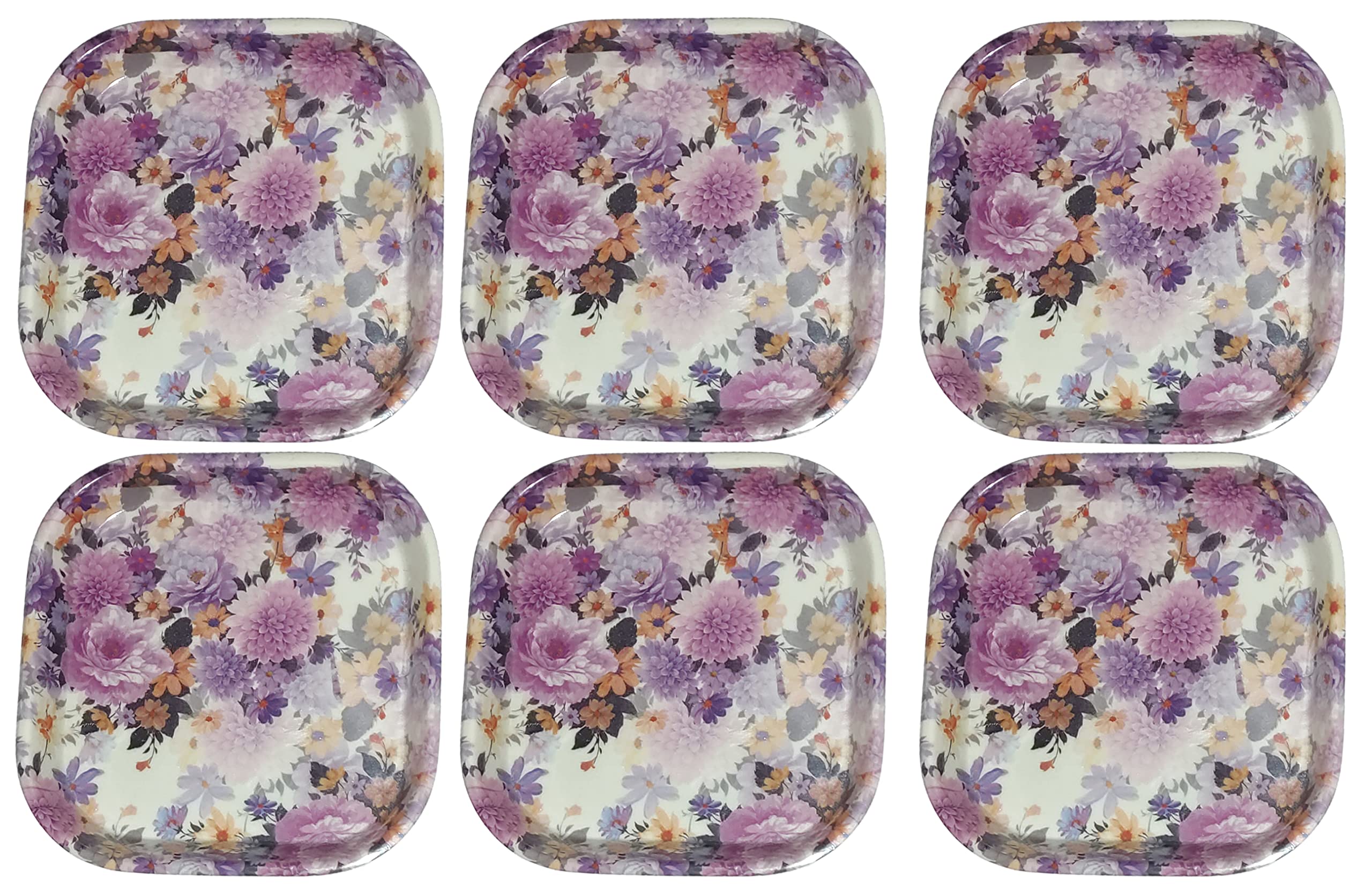 LPINE Melamine Square Shape Floral Design Microwave Safe Small Snack Platter for Serving Pakoda, Bread, Biscuit, Upma, Rice Set of 6 Plates, Pink.