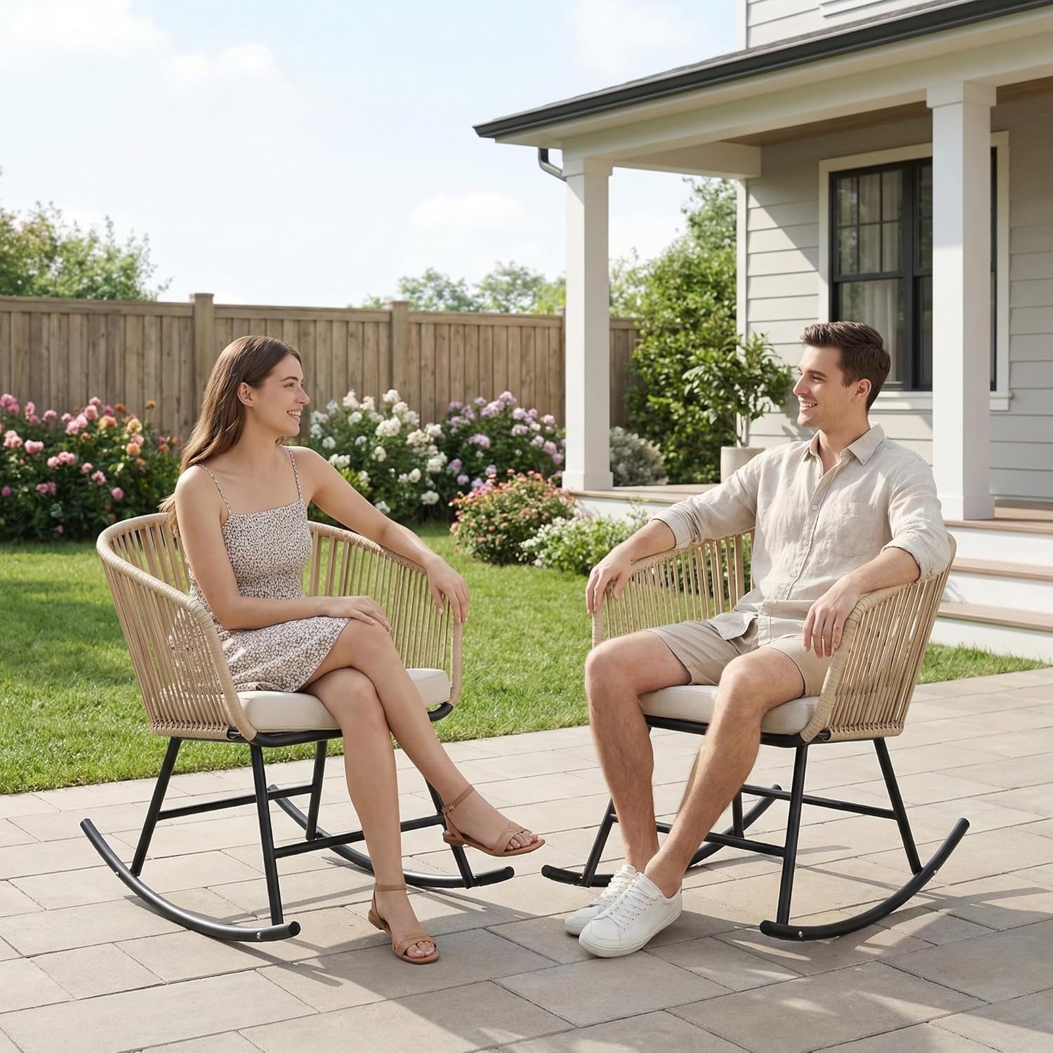 SWITTE Outdoor Rocking Chairs Set of 2, All-Weather Wicker Patio Rocking Chairs with Thick Cushion, Relaxing Rocker for Porch, Balcony, Backyard - 300 lbs Weight Capacity, Cream