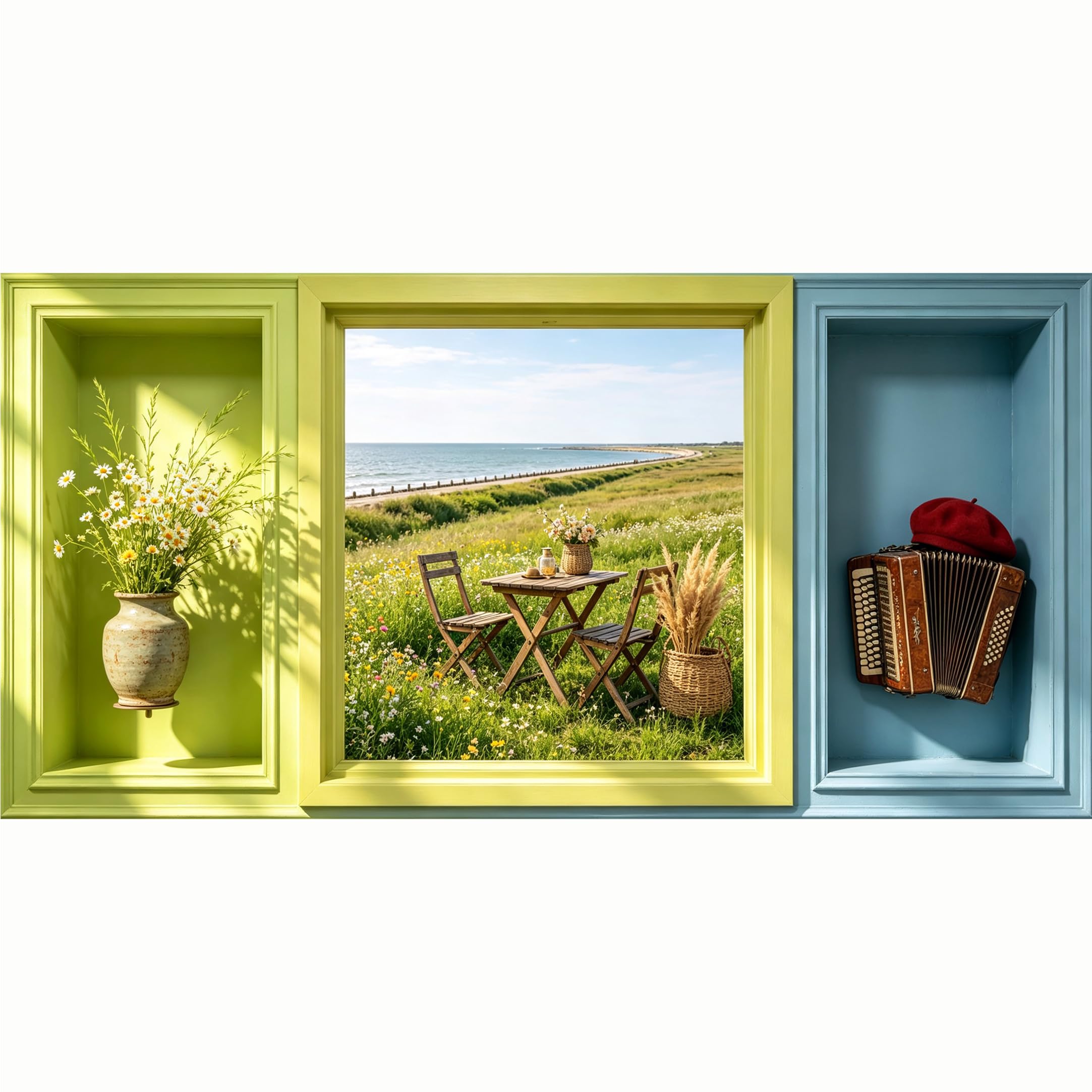 QZLITHOTIC 50x100cm 3D Framed Wall Art， Coastal Landscape Meadow Table Window View SelfAdhesive Mural， WaterActivated Peel & Stick Fabric Decor Wall Decal for Bedroom Living Room