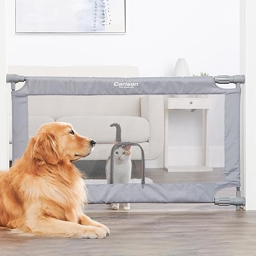 Miniatura 3 de Carlson - Puerta extensible para mascotas de malla gris extra ancha con puerta pequeña para mascotas, malla, incluye parachoques de goma, puertas y