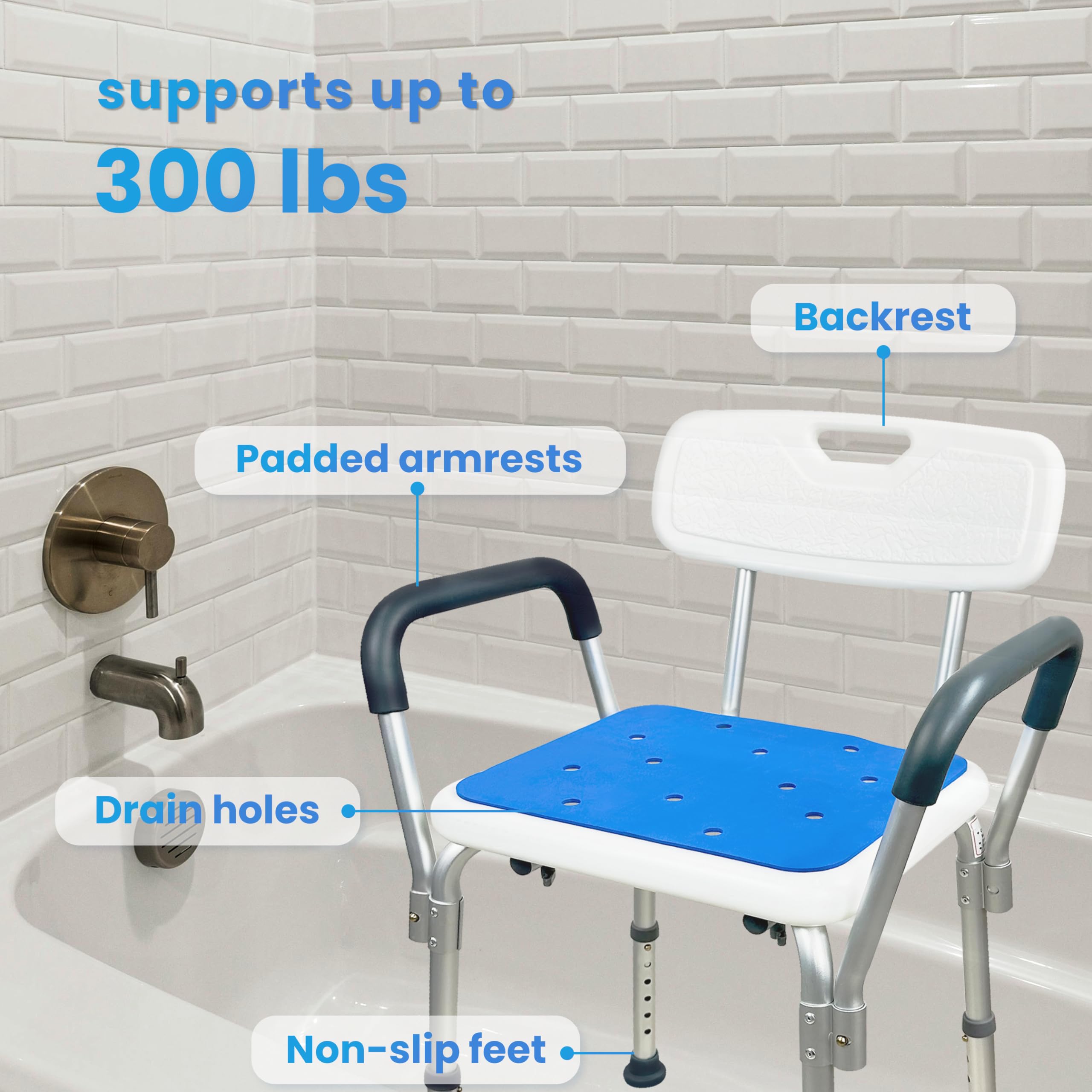Silla de ducha para asiento interior de ducha con reposabrazos acolchados de altura ajustable, silla de ducha para ancianos y discapacitados, asiento antideslizante, resistente, capacidad de 350