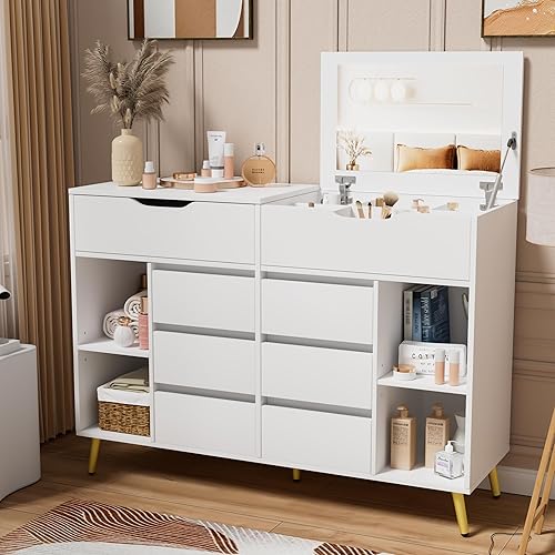 PAKASEPT Cómoda blanca, cómoda de dormitorio con cajones, cómoda de almacenamiento moderna con espejo, armario de dormitorio para dormitorio, disponible en Yaxa Colombia