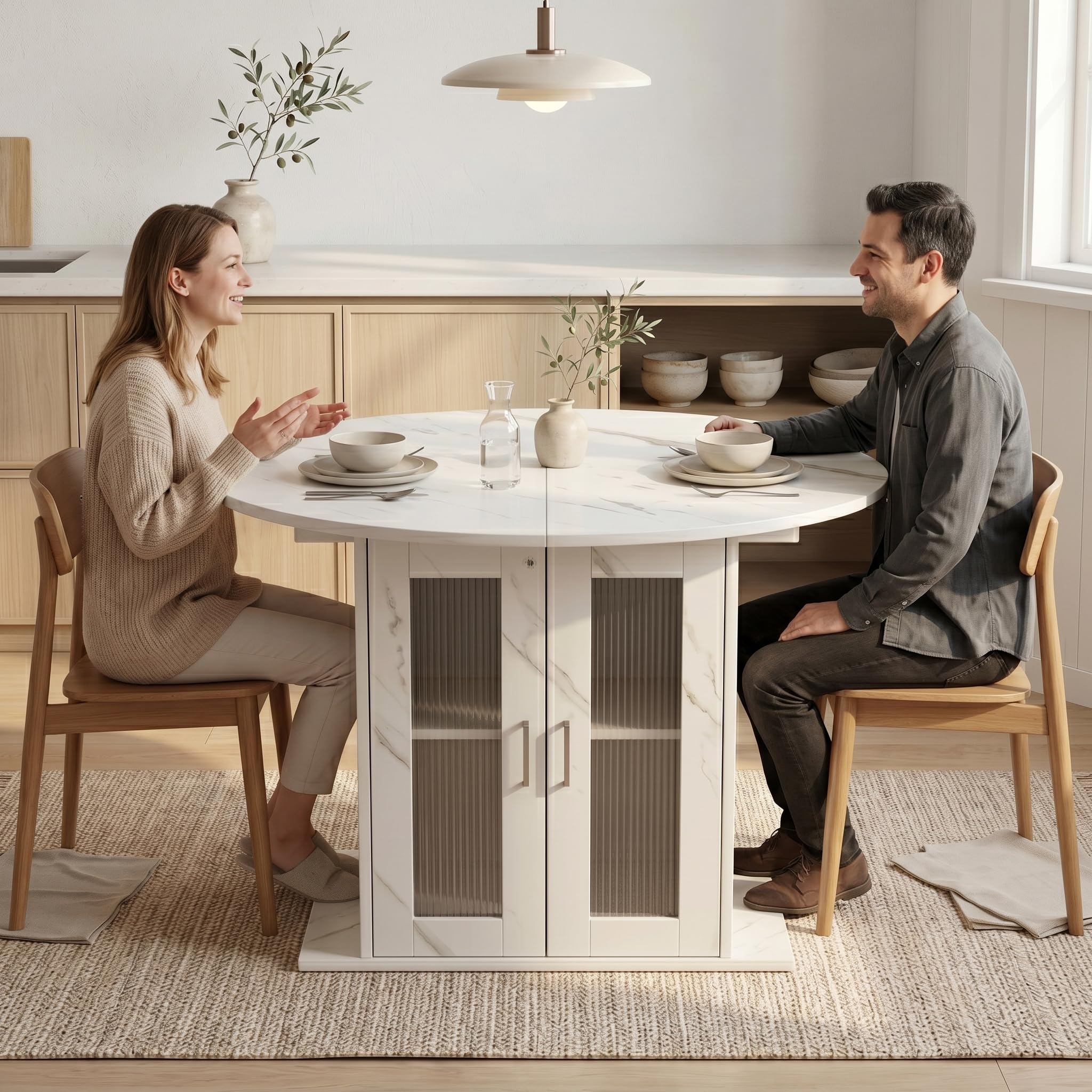 Tavolo da pranzo allungabile rotondo, 100-140 cm, tavolo da cucina con ripiani rimovibili, tavolo da pranzo rotondo ovale con vano portaoggetti, tavolo bianco per un piccolo frigorifero