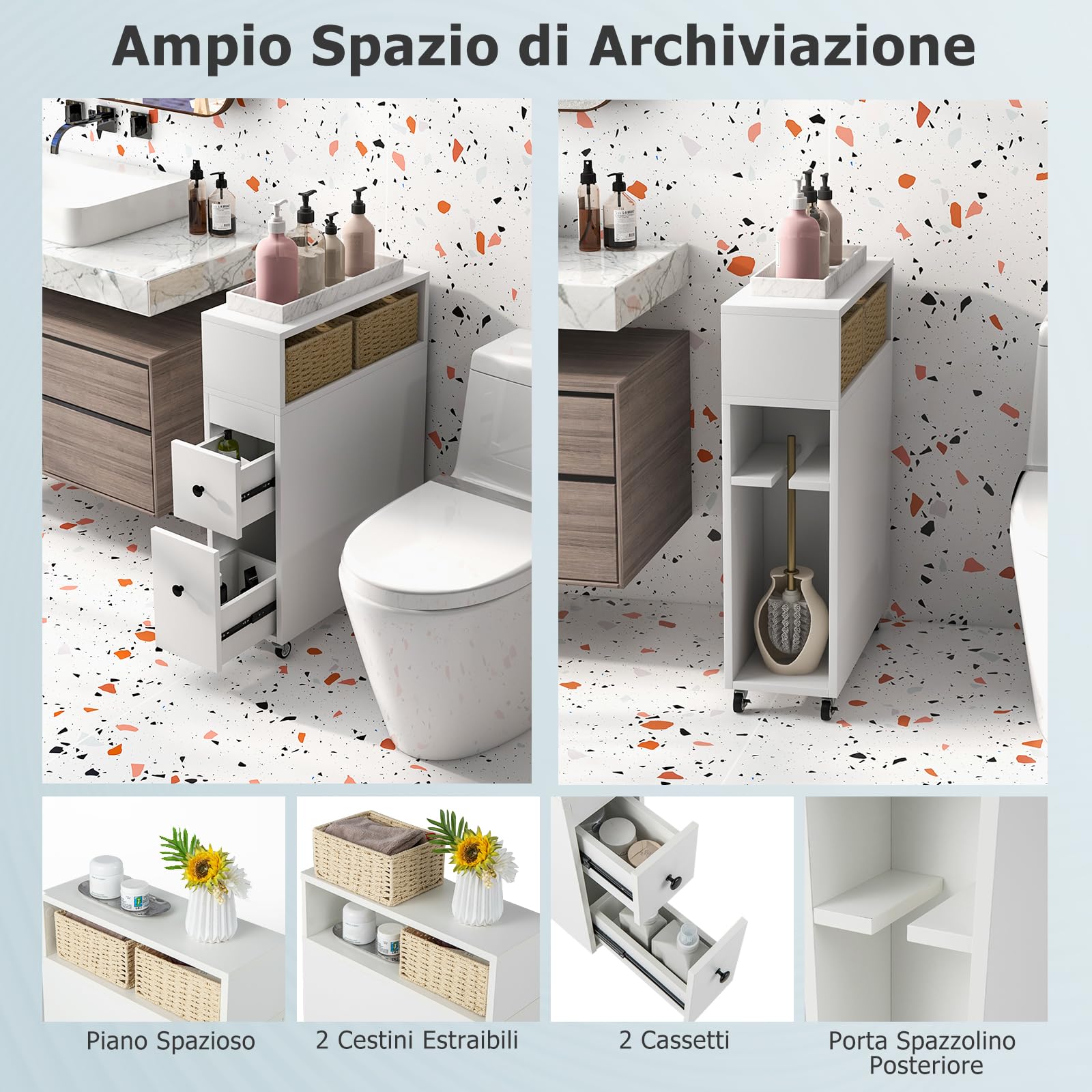 GYMAX Mobiletto da Bagno, Porta Carta Igienica Autoportante con 2 Cassetti Estraibili, 2 Cesti di Vimini e Portaspazzolino, Mobile Stretto Laterale Rotante per Toilette (Bianco)