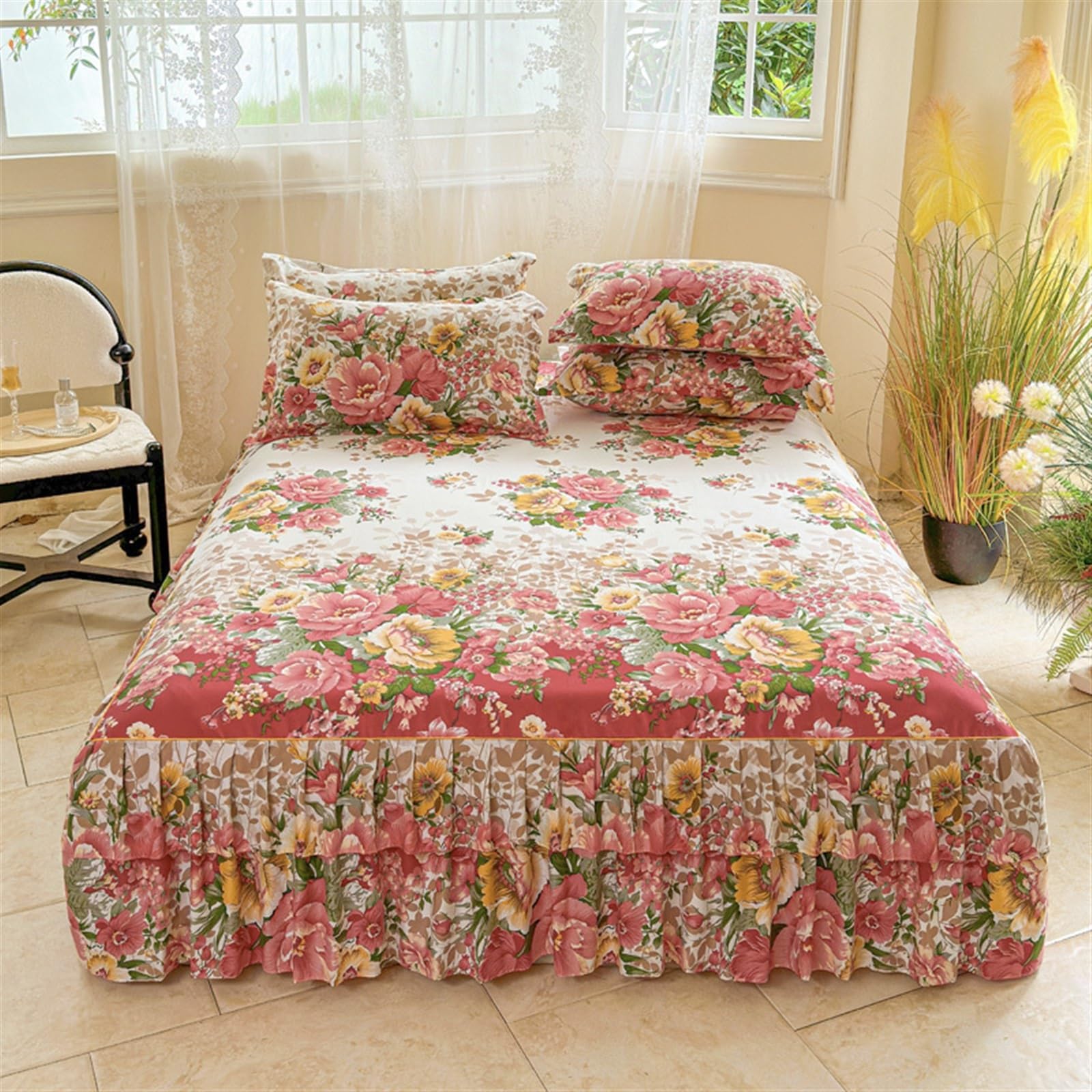 Falda de Cama de Estilo Floral, Colcha de Encaje de Doble Capa, Funda de Cama con Volantes, Protector de colchón for el hogar FaldóN De Cama Ruffle Wrap Colcha Gruesa(C,180x220cm 1pc)