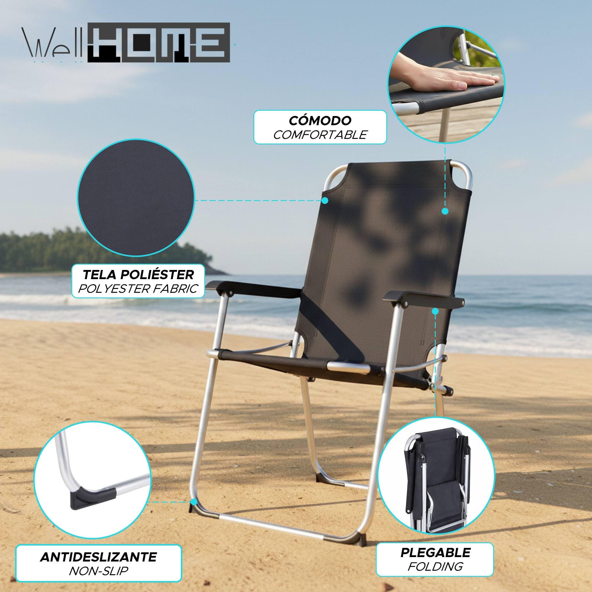 Well Home Silla Plegable de Camping/Playa 53x54x90cm Aluminio con Refuerzo Interior de Acero, poliéster 600D Azul Muy Oscuro, Asiento 44cm hasta 110kg