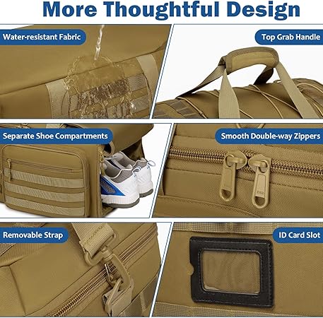 BlesMaller 3 in 1 Sporttas voor heren met schoenenvak & rugzakfunctie 50L Tactische reistas, handbagage, rugzak met vak voor natte spullen, gymtas voor training, fitness, weekender, bruin