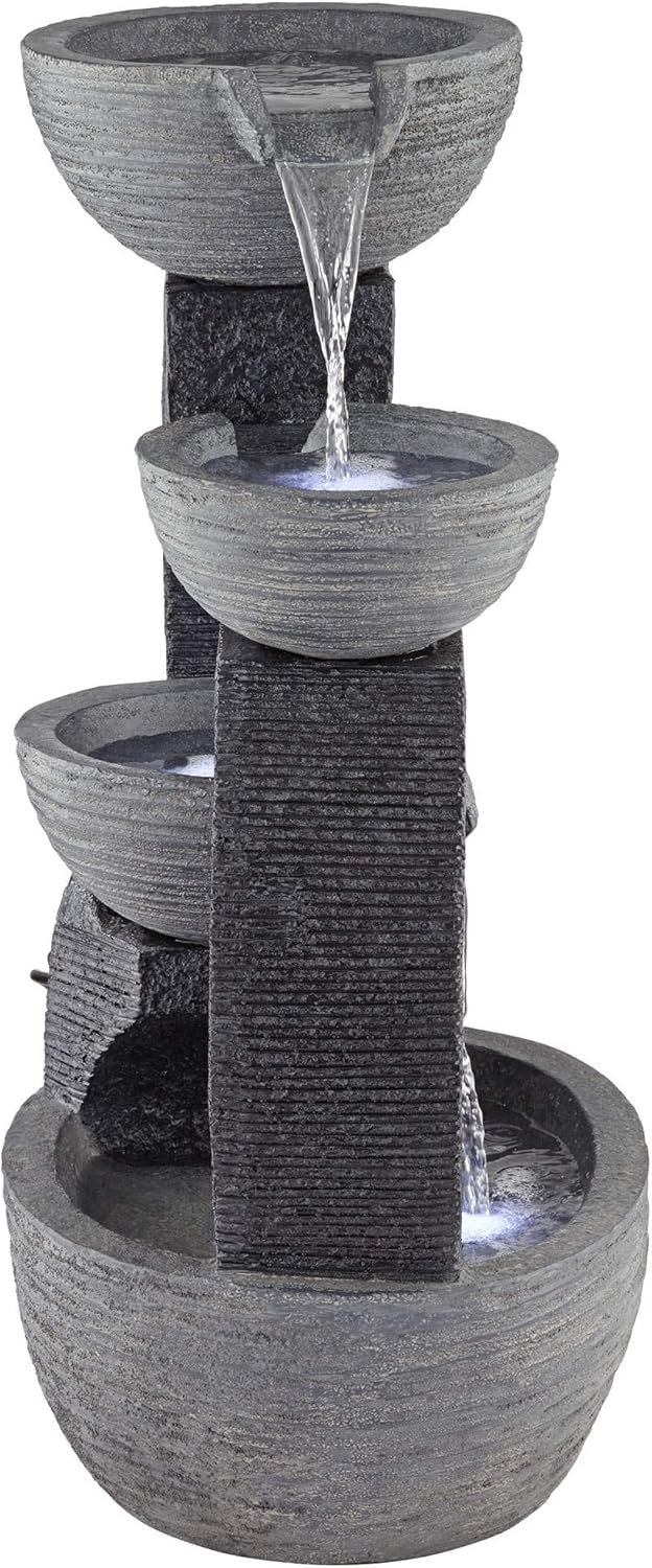 Three Cup 31 1/2" High Large Modern Indoor Outdoor Decor Gray Faux Stone Floor Fountain with Light LED Waterfall Cascading Water Feature for Outside Garden Patio Yard Backyard - John Timberland