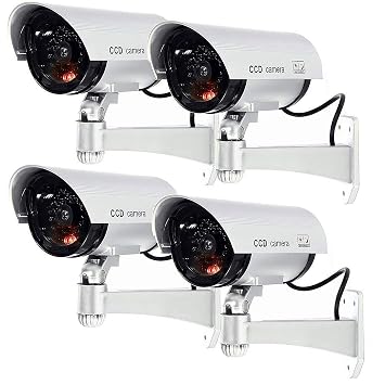 Masione 4 PACK OUTDOOR FAKE / DUMMY SECURITY CAMERA w/ Blinking Light CCTV SURVEILLANCE (Silver)