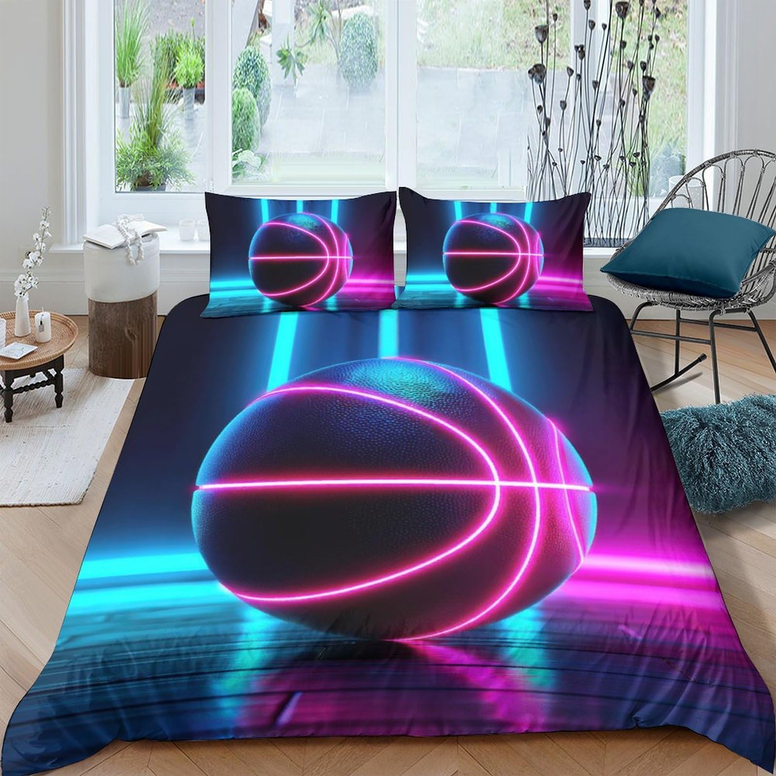 Ctjqhvkz Style-10 3D Printed Neon Basketball Fitted Sheet Microfiber Anti-Slip Easy Care Bedroom Decor Bed Cover For Home Dorm Room Single（135X200cm）