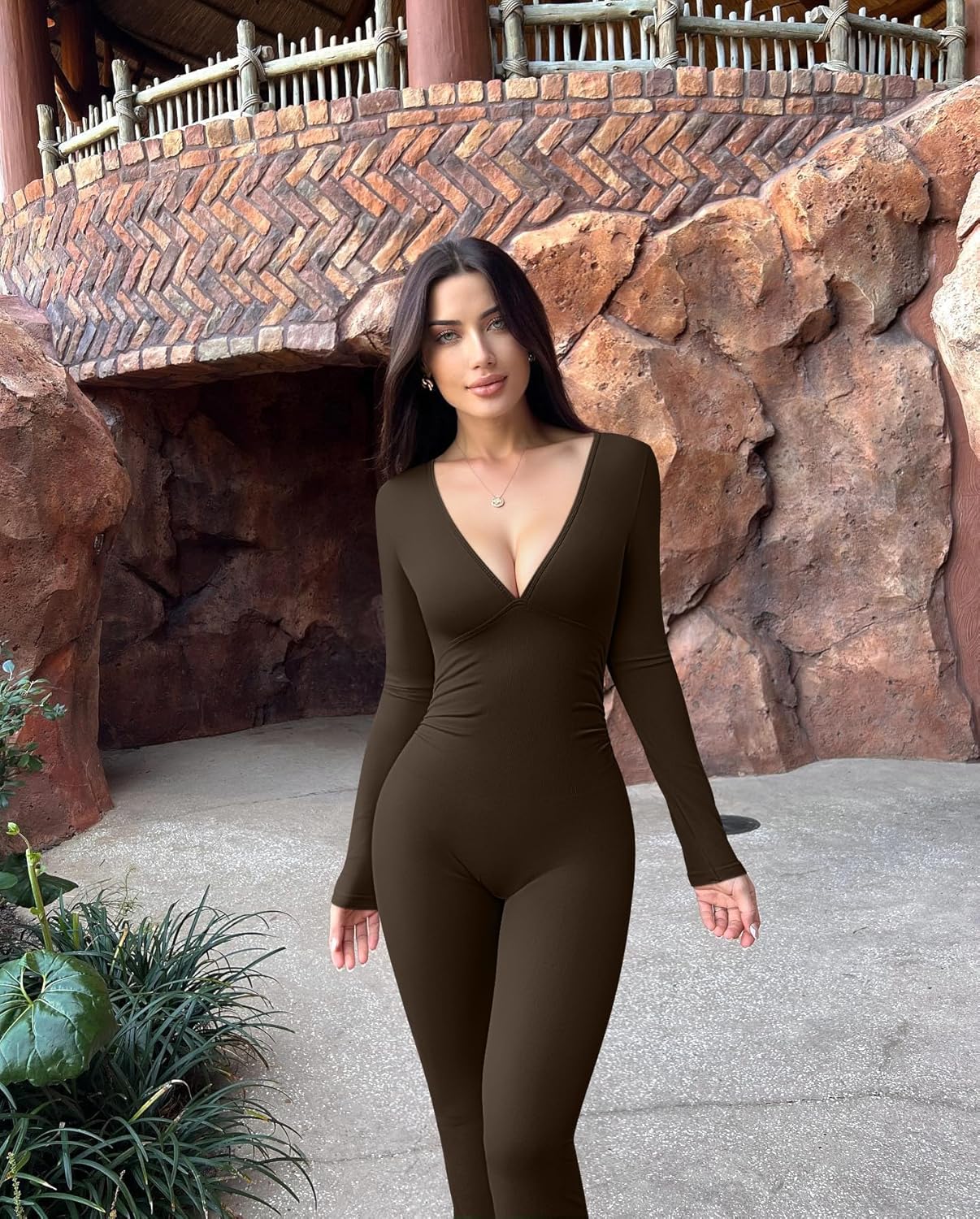OQQ Women Jumpsuits Long Sleeve Deep V Neck Ruched Flared Jumpsuit - Image 2