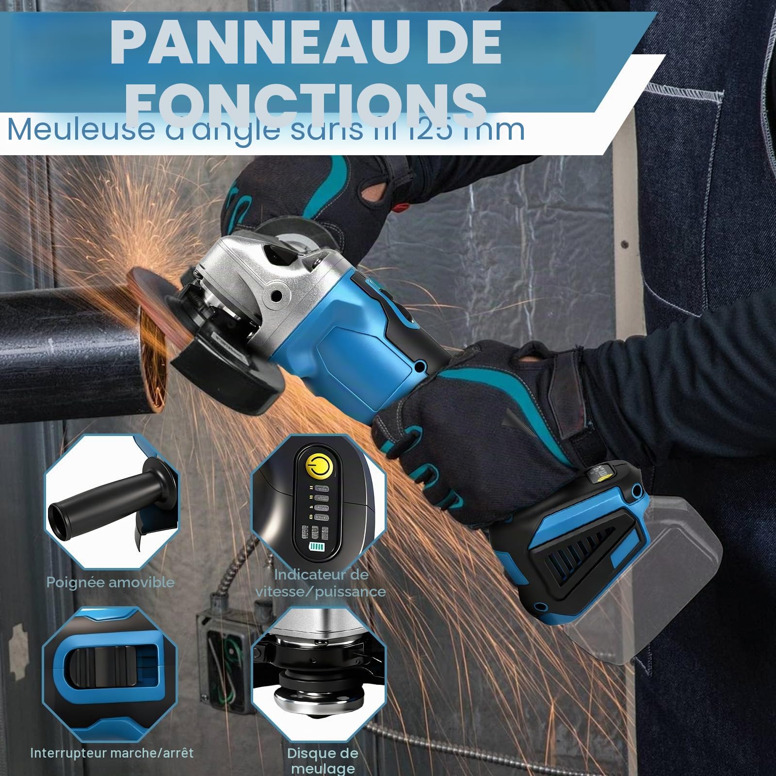 Bürstenlon Meuleuse d'angle sans fil pour Makita 18 V, 9000 tr/min avec 4 vitesses, disque abrasif de 125 mm avec clé de meulage pour meuler, couper et polir (sans batterie)