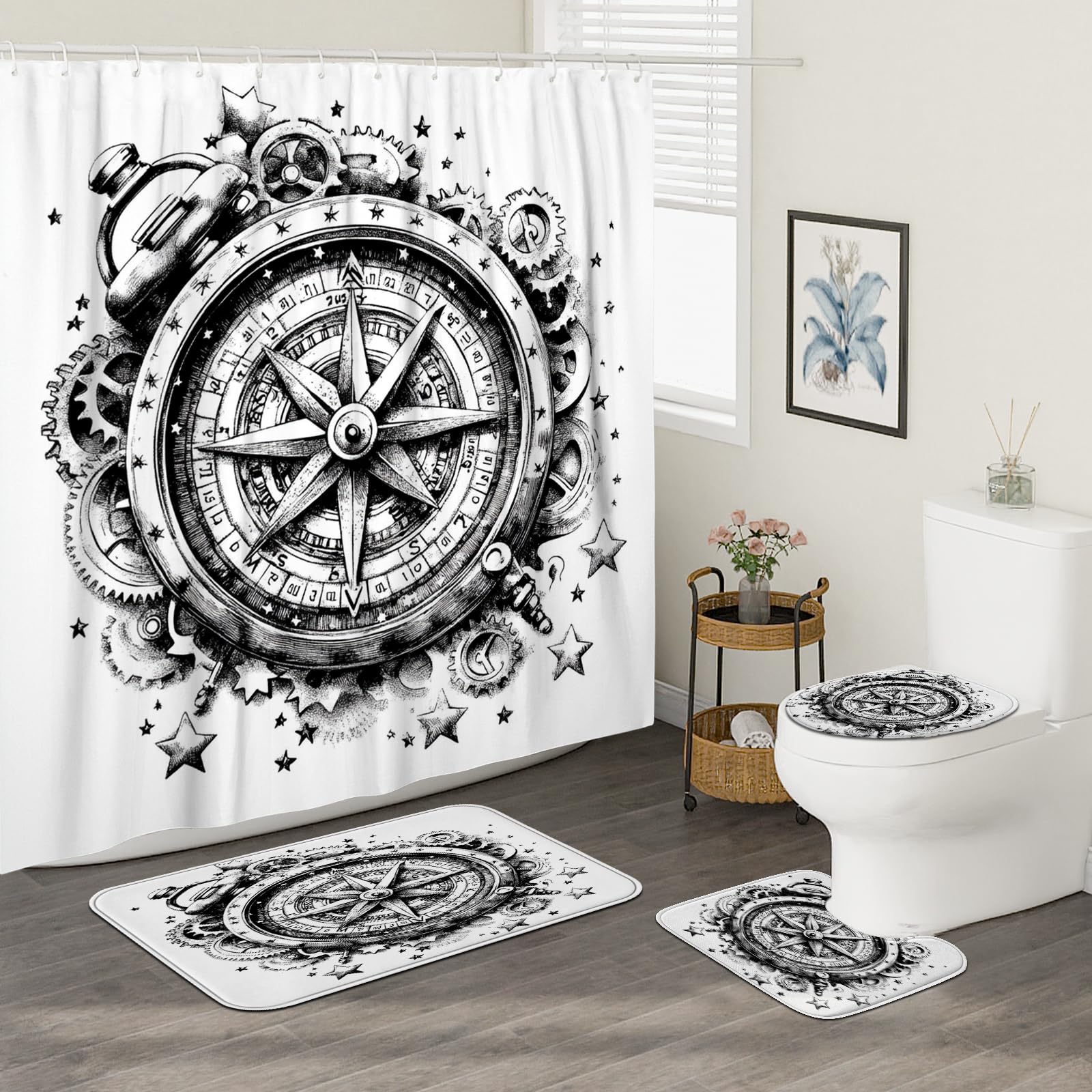 Juego de 4 accesorios de baño con brújula náutica negra con alfombra antideslizante, en forma de U y cubierta de tapa de inodoro, decoración de baño de la industria mecánica, 72 x 72 pulgadas