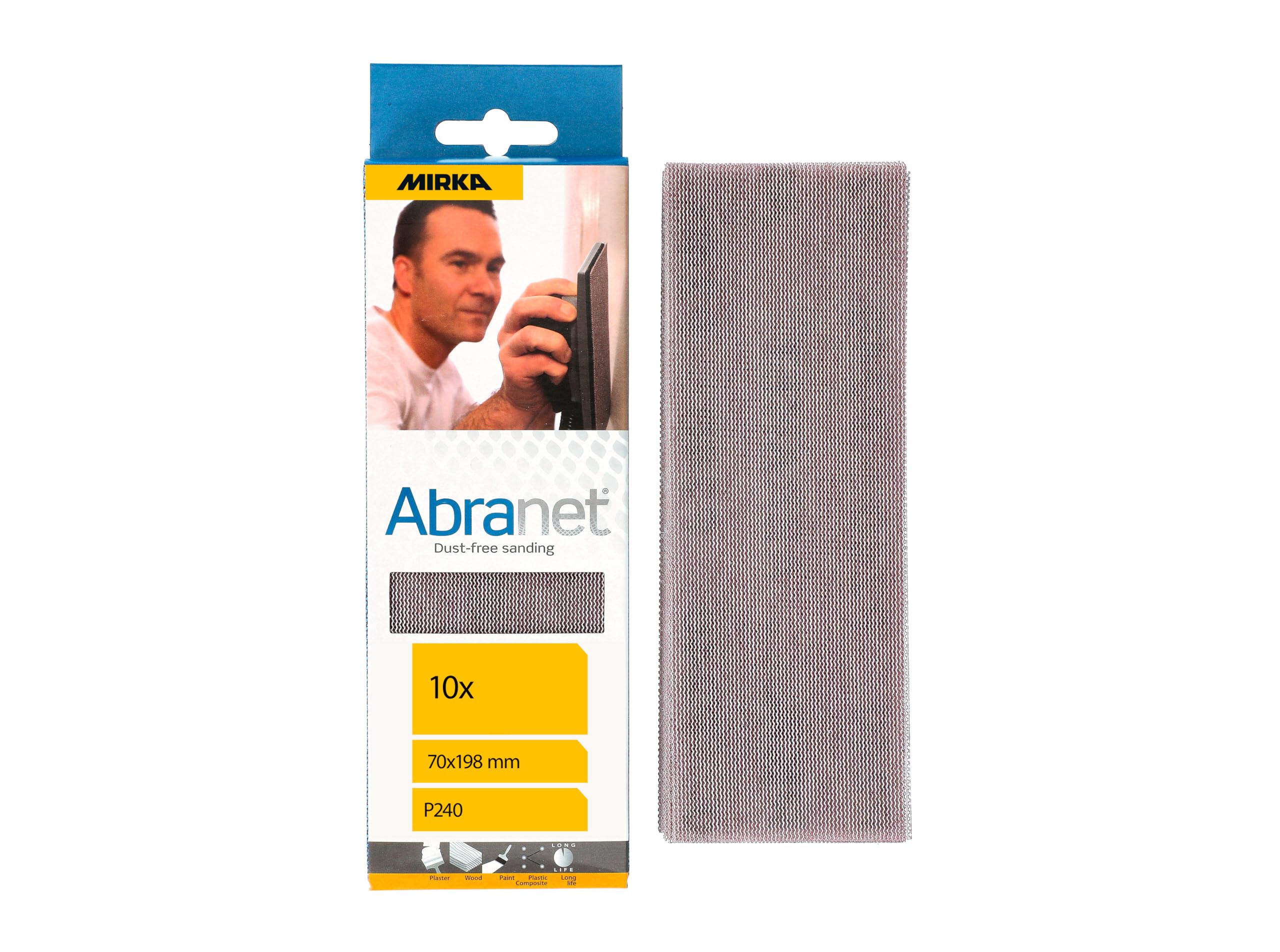 Mirka Abranet net sandpaper strips 70 x 198 mm Hook & loop/Grit P240 / 10 pcs/for sanding wood, walls, metal, aluminium, stainless steel, filler, varnish, plastic