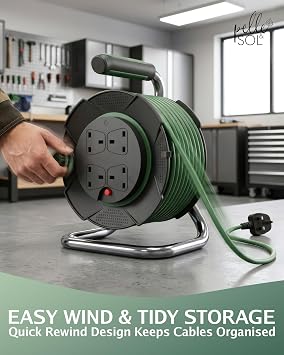 Pelle & Sol 15m Extension Lead Cable Reel with 4 Sockets - Heavy Duty 3120W Power Extension Cable with Overheat Protection for Home, Garden, DIY & Workshop Use
