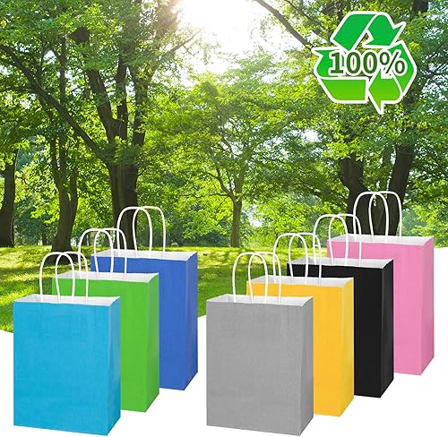 Miniatura 4 de bagmad Paquete de 35 bolsas de papel kraft multicolor medianas de 8 x 4.75 x 10 pulgadas con asas, 7 colores surtidos, bolsas de regalo para