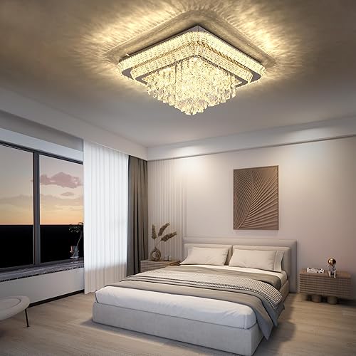 Miniatura 9 de COCOSTAR Candelabros de cristal, candelabro LED moderno de lujo, candelabro de techo cuadrado de montaje al ras de 34", candelabros de gota de