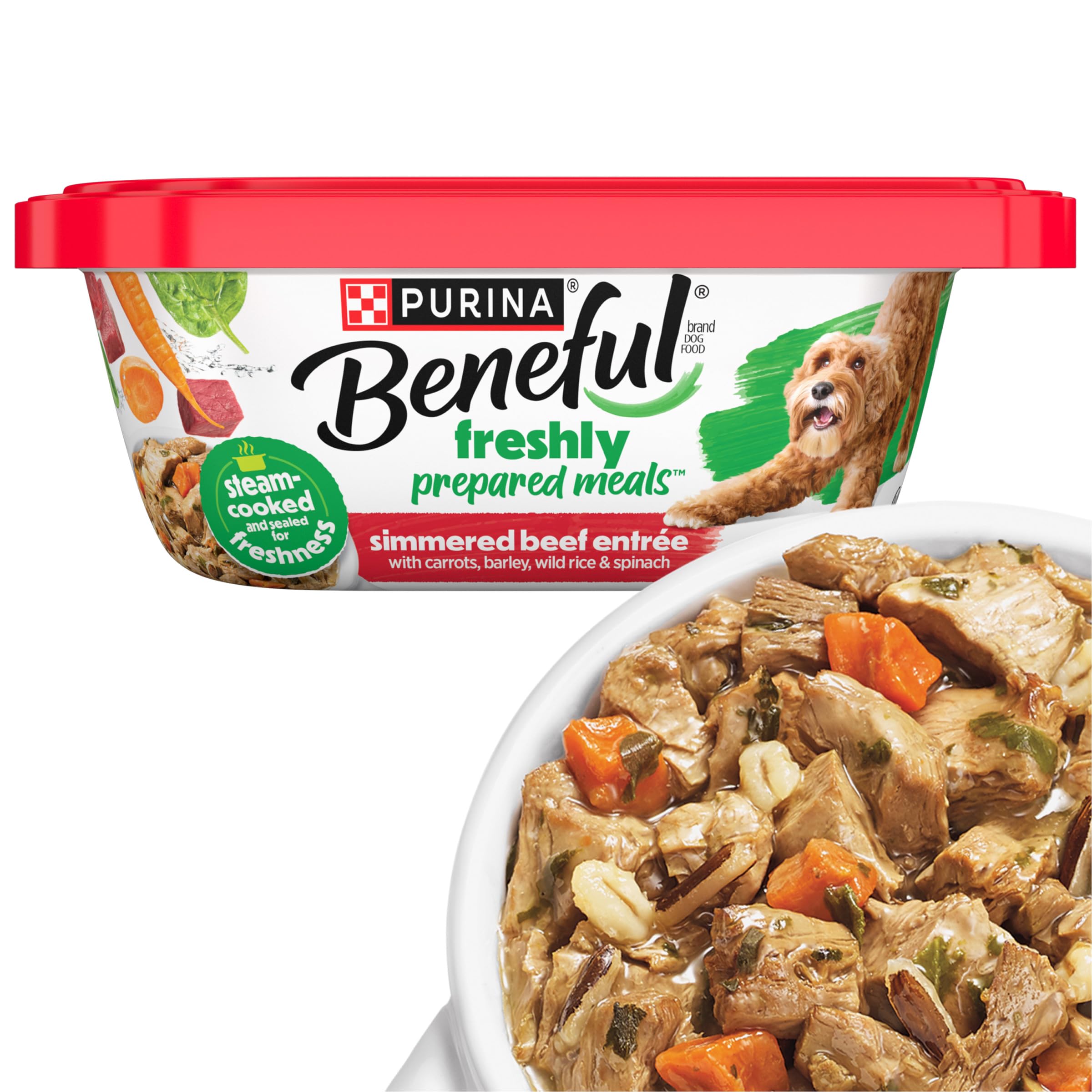 Purina Beneful Dog Food Freshly Prepared Meals Simmered Beef Entree with Carrots, Barley, Wild Rice and Spinach - (Pack of 8) 10 oz. Tubs