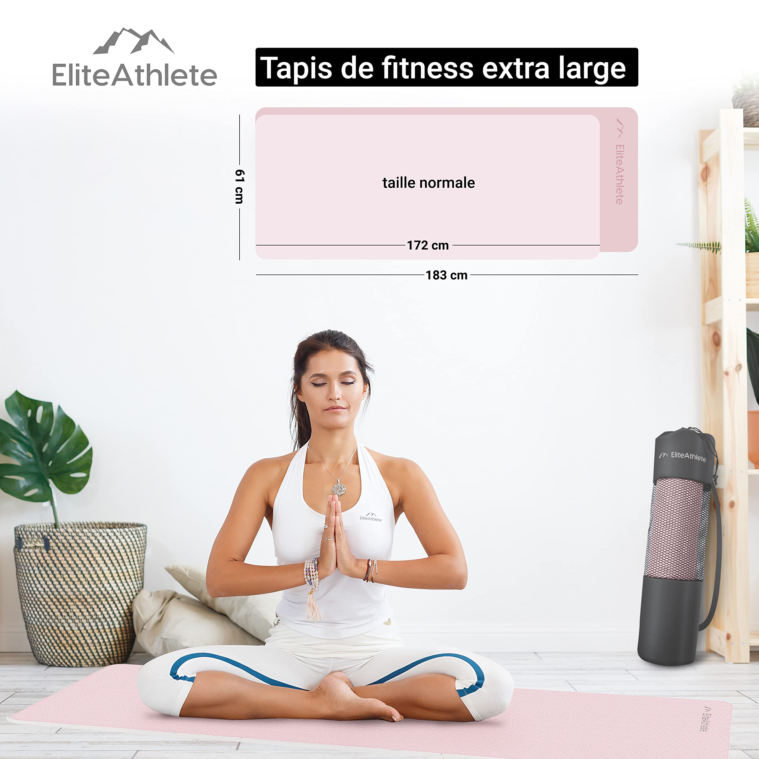 EliteAthlete Tapis yoga - Tapis de sport - Tapis fitness - Tapis de gymnastique antidérapant - Fitness Pilates - Tapis de gym - 183 x 61 x 0,6 cm - Tapis d'exercice avec sangle de transport + sac