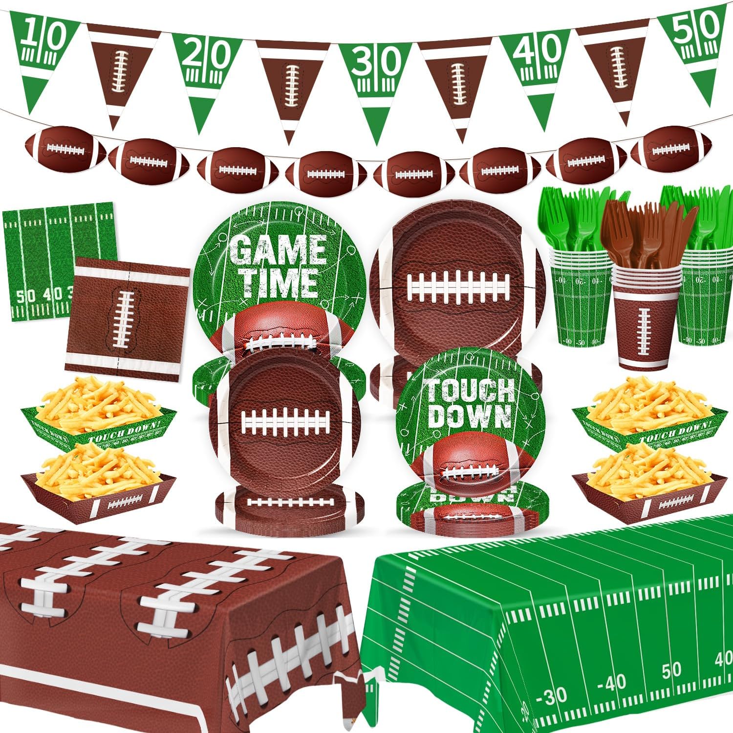 Contents of a pack of football party decorations