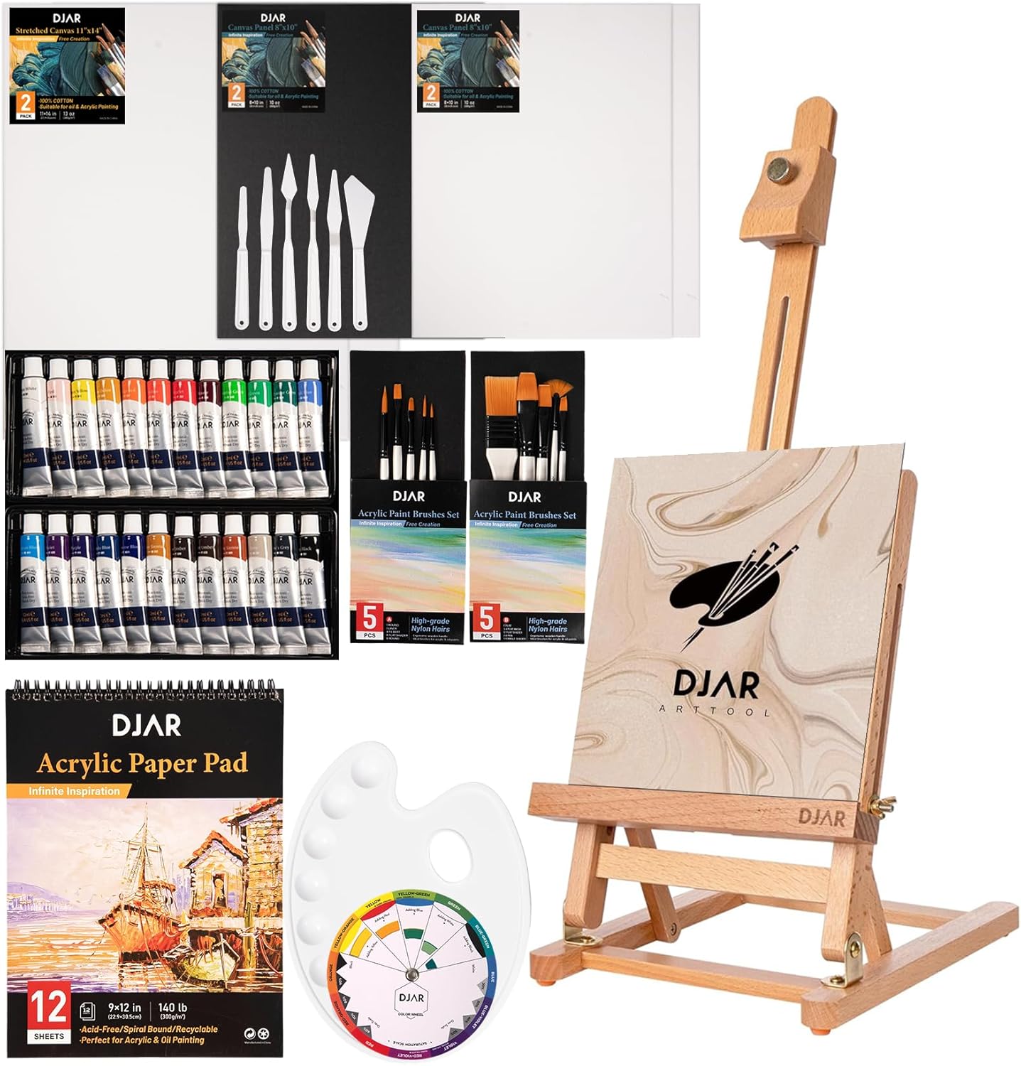 DJAR 49 pcs Acrylic Art Set with 25" Art Easel, Adjustable Beech Wood Tabletop Wooden Easel for Painting, Painting Supplies with 24 Acrylic Paints, Canvas Panels, Palette for Teens, Adults, Students