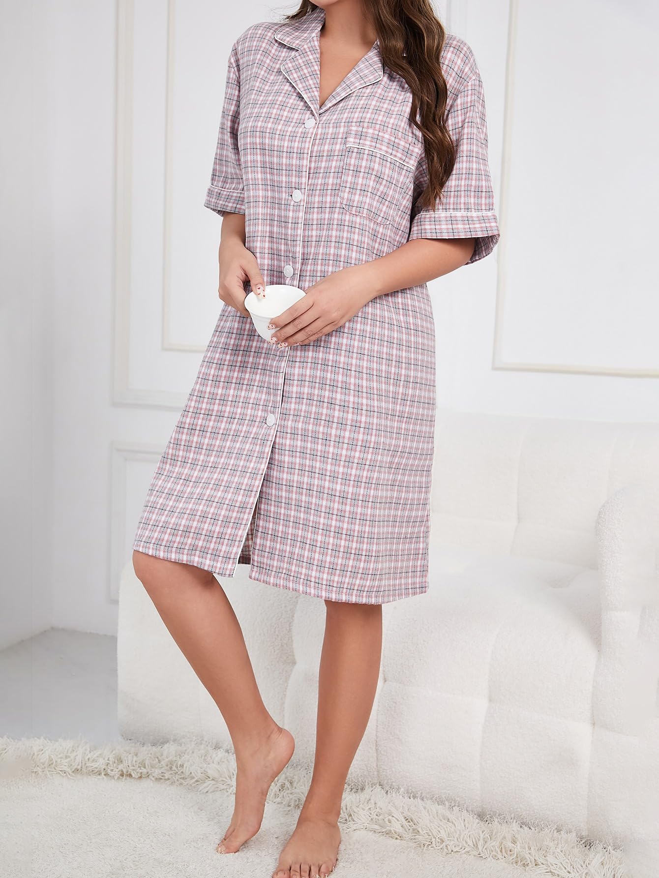 purpleq Camisón de Tallas Grandes a Cuadros Manga Corta con Botones para Dormir | El diseño de cuadros clásico y el tejido transpirable ofrecen un ajuste cómodo para descansar.