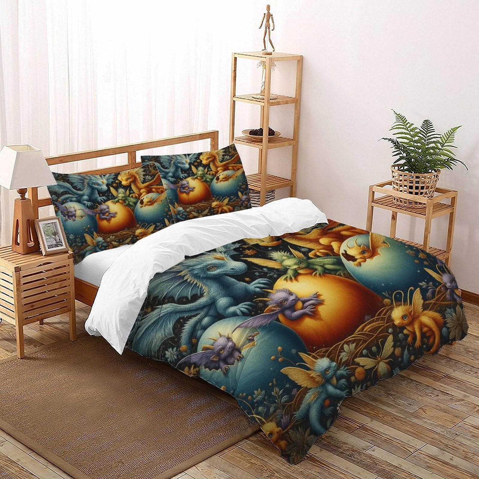 Housse de couette dragon 260x220cm avec 2 taies d'oreiller lit Super King microfibre