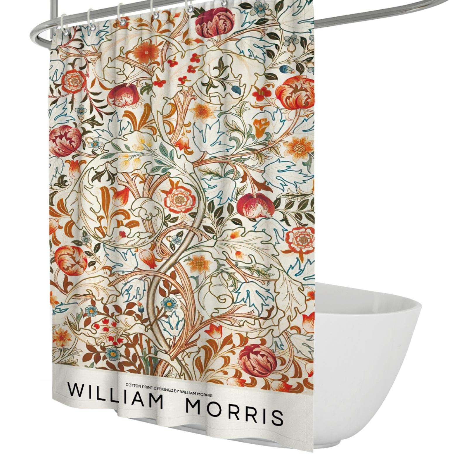 Rideau de douche William Morris aquarelle vintage en tissu lavable pour salle de bain fleurie