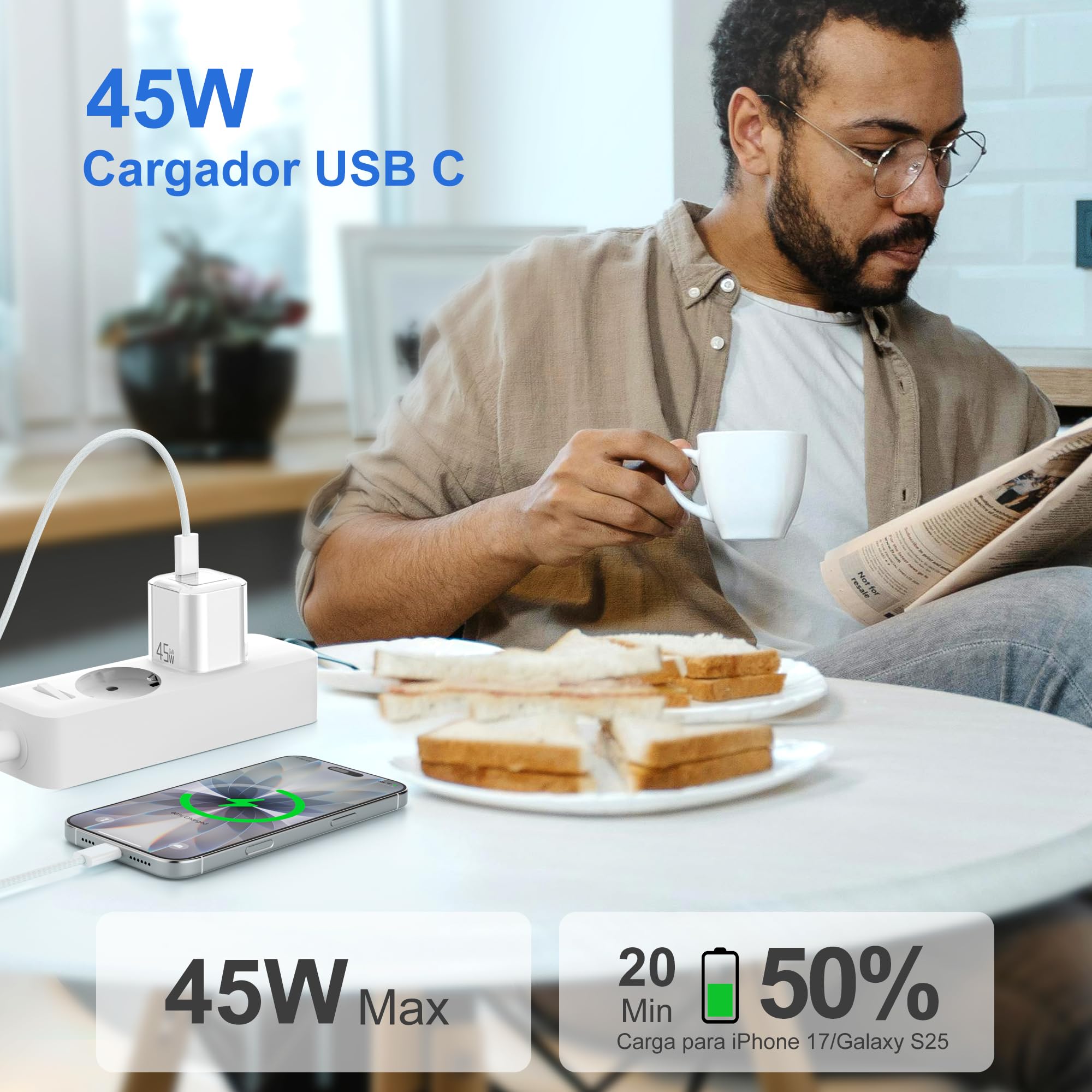 YISH Cargador USB C Carga Rapida 45W：GAN PD3.0 Enchufe USB C Movil Cargador Tipo C Carga Rapida Compacto para Teléfonos Inteligentes y Tabletas con 60W Cable Tipo C a C — view 2
