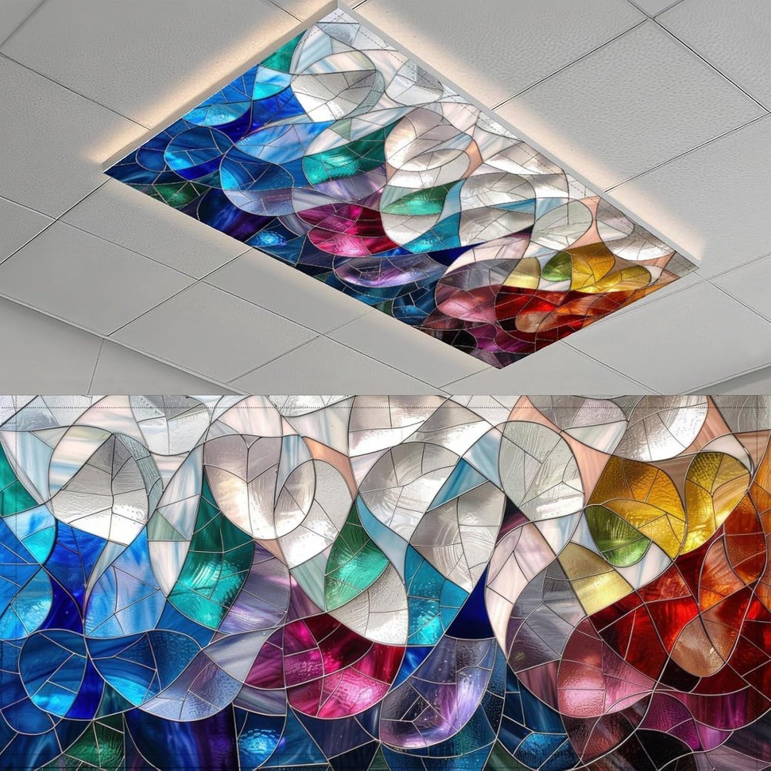 2pcs Geometric Stained Glass Fluorescent Light Covers - Light Covers for Ceiling Lights Classroom, Magnetic Light Filters for Office, Hospitals, Home 4 X 2 Feet