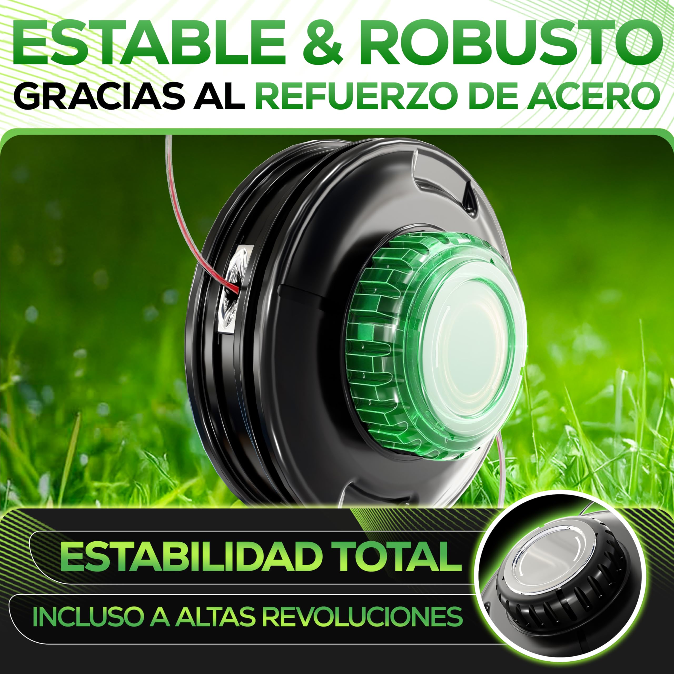 Heckenpracht® Cabezal de hilo para desbrozadora con pomo de acero, rosca izquierda, cabezal de recortador con función Tap & Go | Cortar el césped eficiente con cabezal de corte para desbrozadora