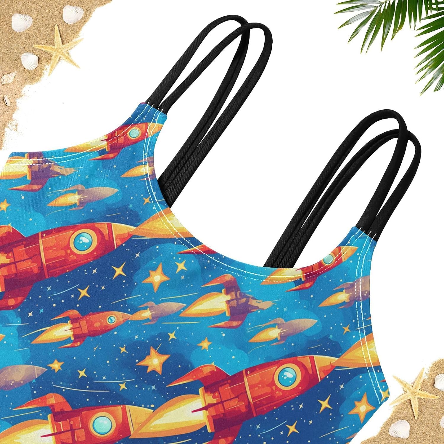 Girls Two Piece Swimsuits Cartoon Red Rocket Bikini Set Swimwear Kids Bathing Suit for Girls 5-12 Years