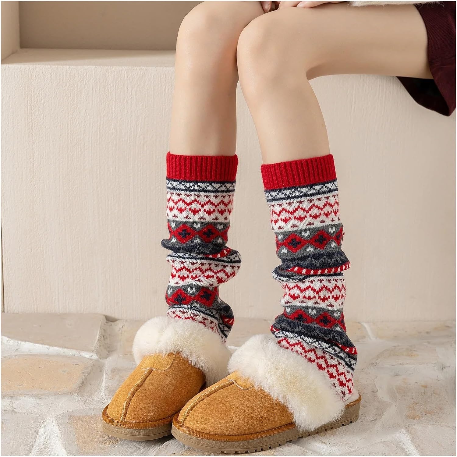 Red Leg Warmers Knitted Boot Socks Yoga Ballet Dance Vintage Academic Style Thick Stacked Crew Women