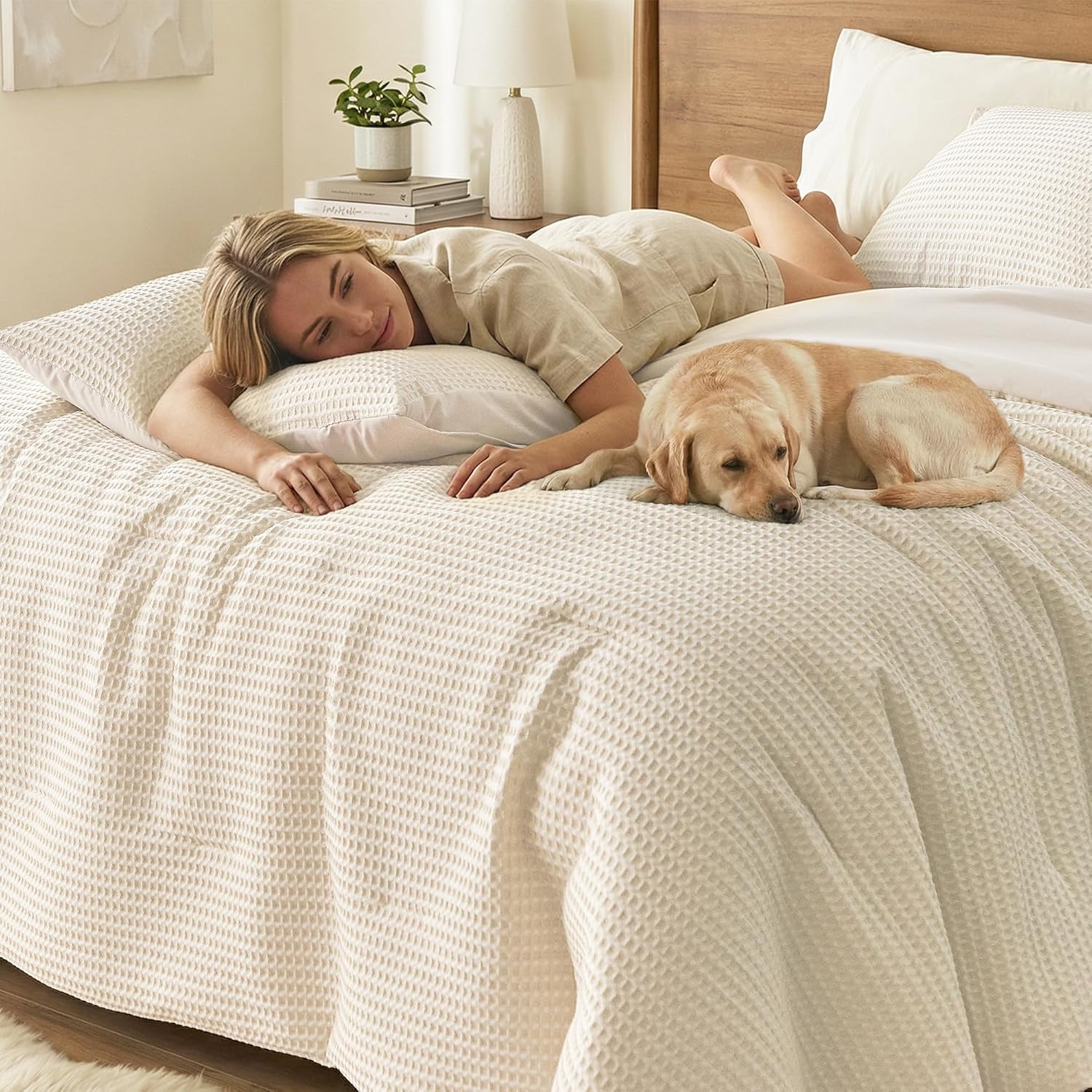 Wonderful Cream Waffle Weave Comforter Set King Size, 3 Piece Cotton Face Textured 3D Waffle Knit Lightweight Comforter Set, Soft & Breathable All-Season Bedding for Hot Sleepers | Wrinkle-Resistant, Pet-Friendly, Cloud-Like, Minimalist Boho, Modern Farmhouse