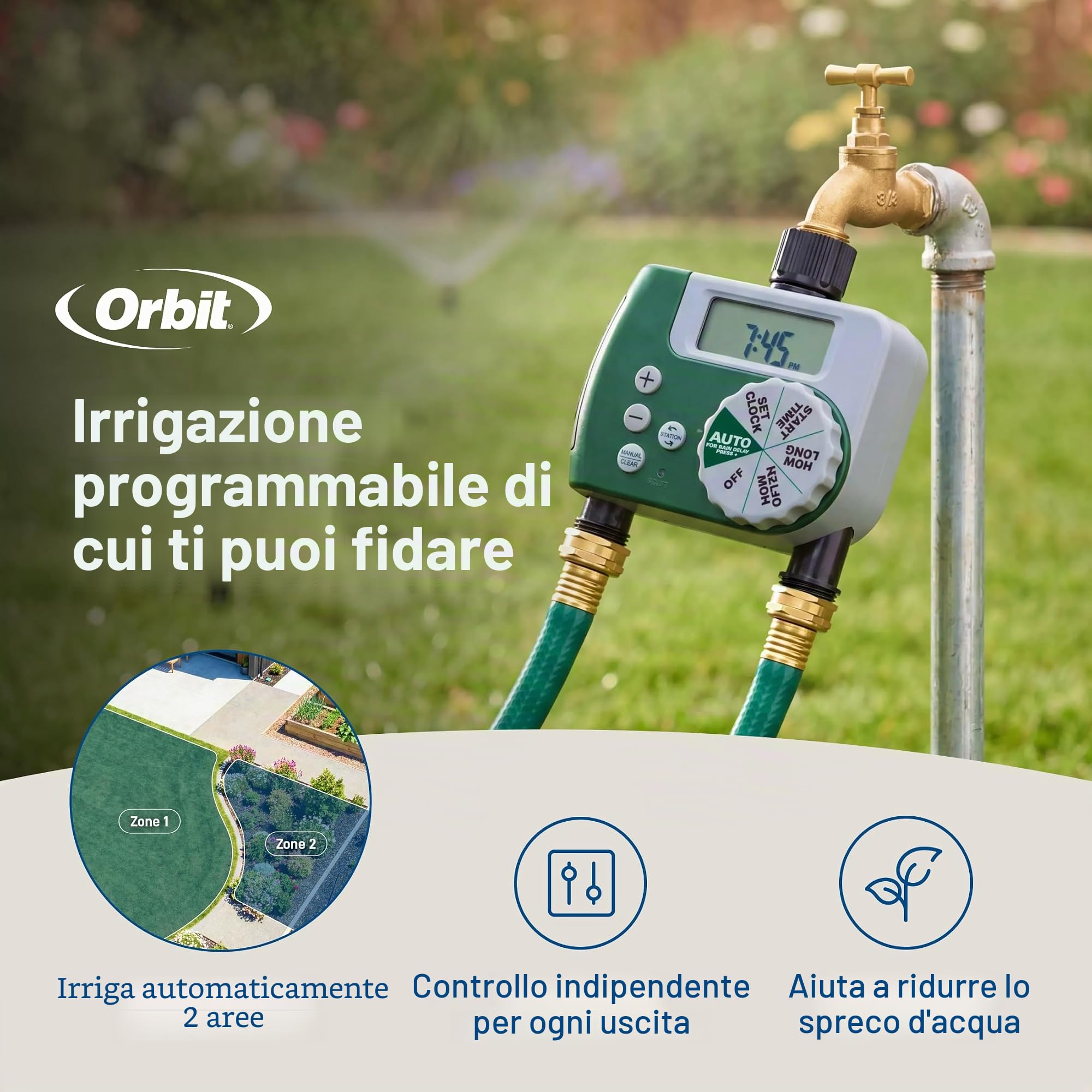 Orbit 58910 Timer programmabile per rubinetto, 2 uscite, verde