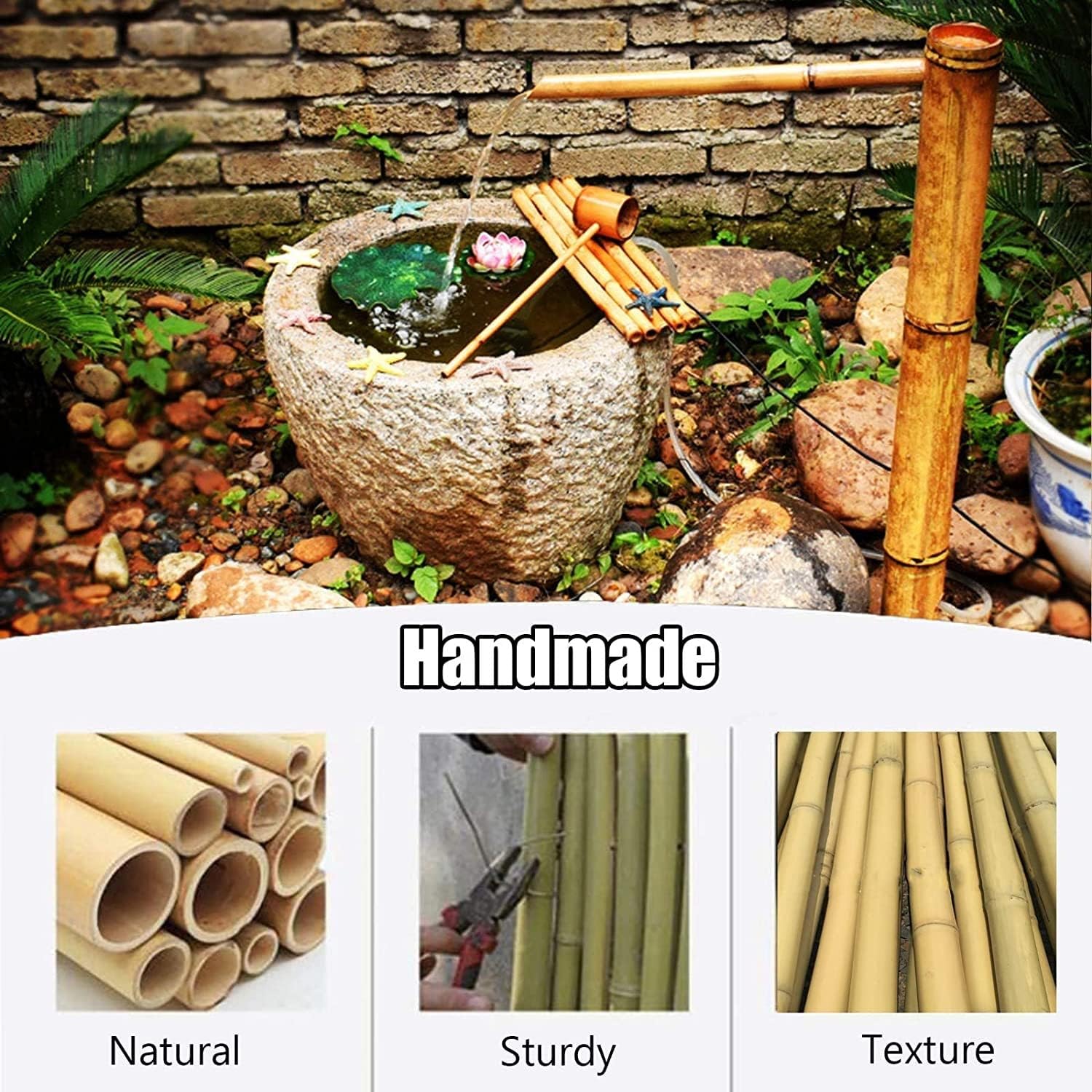 Bamboo Water Fountain with Solar Pump, Bamboo Tube Shaped Indoor Fountain, Japanese Zen Garden Pond Water Feature Decoration, Handmade 40cm