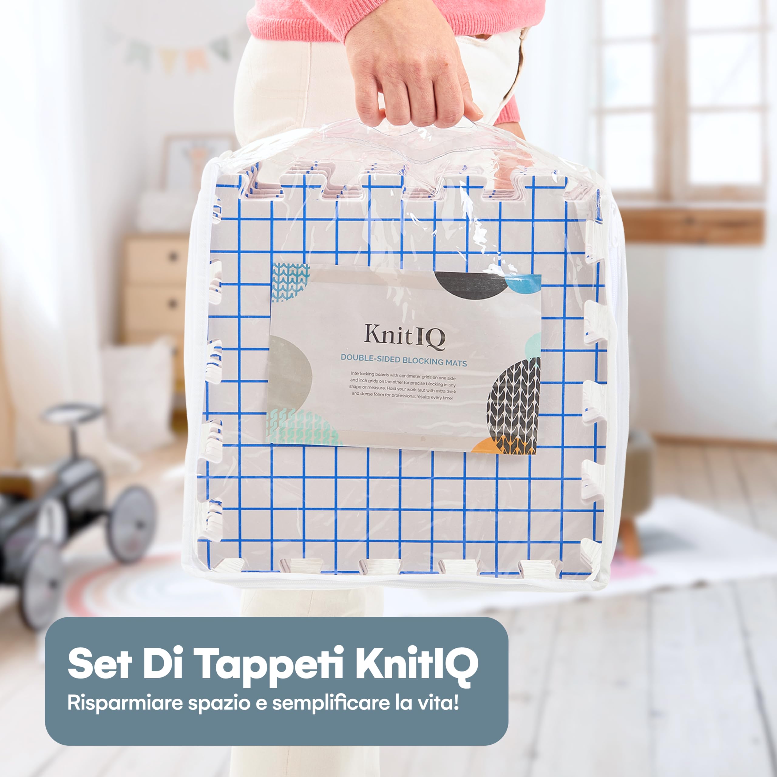 KnitIQ Tappetino di bloccaggio Lavorare a Maglia - 9 Bordi di Blocco di Spessore Extra con Griglie con 100 Pezzi T Spilla e Sacchetto di stoccaggio per Aghi o Uncinetto