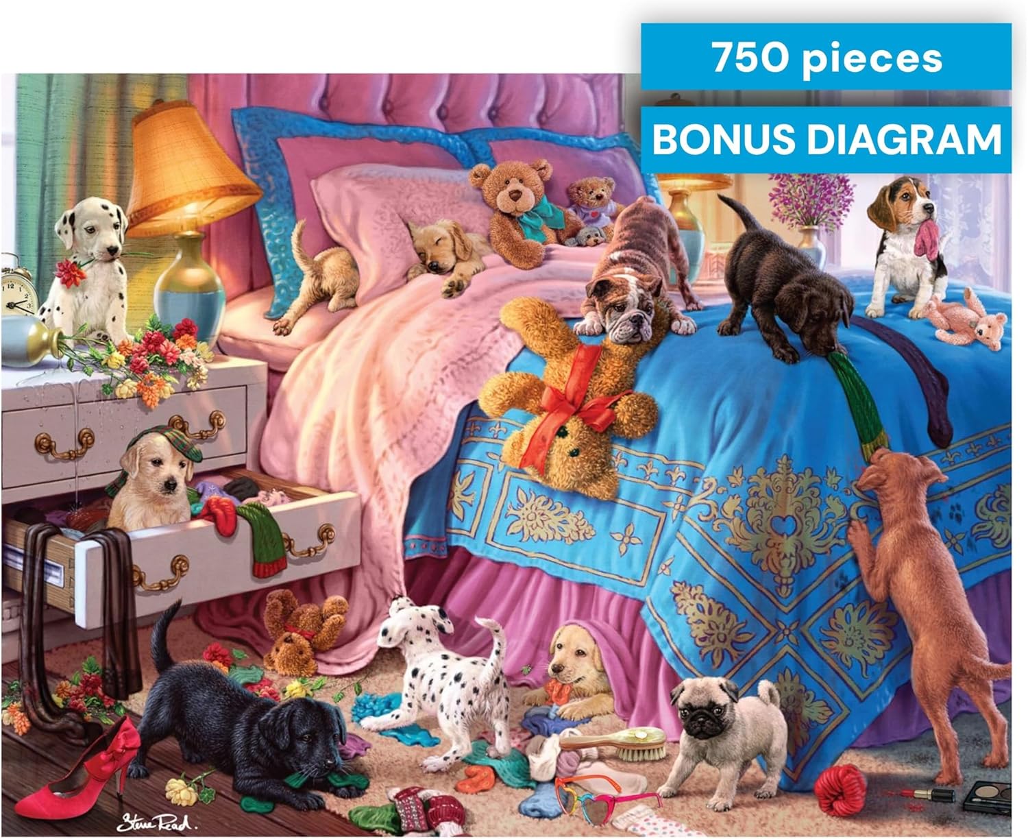 Buffalo Games - A Roomful of Naughty Puppies - Steve Read - 750 Piece Jigsaw Puzzle for Adults - Dog Lovers - Cute Puppy Puzzle with Bonus Poster - Finished Size 24.00 x 18.00 - Made in USA
