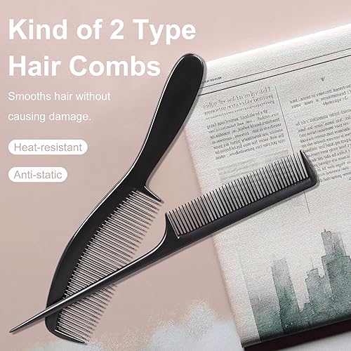 Miniatura 2 de Juego de 10 peines de fibra de carbono negro de alta calidad para mujeres y hombres, peines profesionales de dientes finos y anchos para burlas,